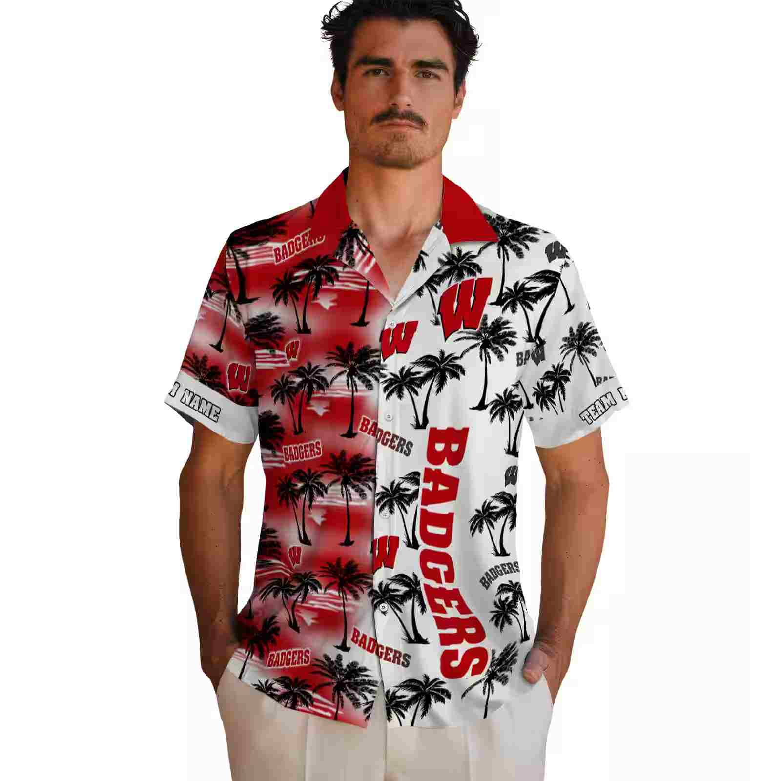 customized wisconsin badgers palm silhouettes red hawaiian shirt fashion forward