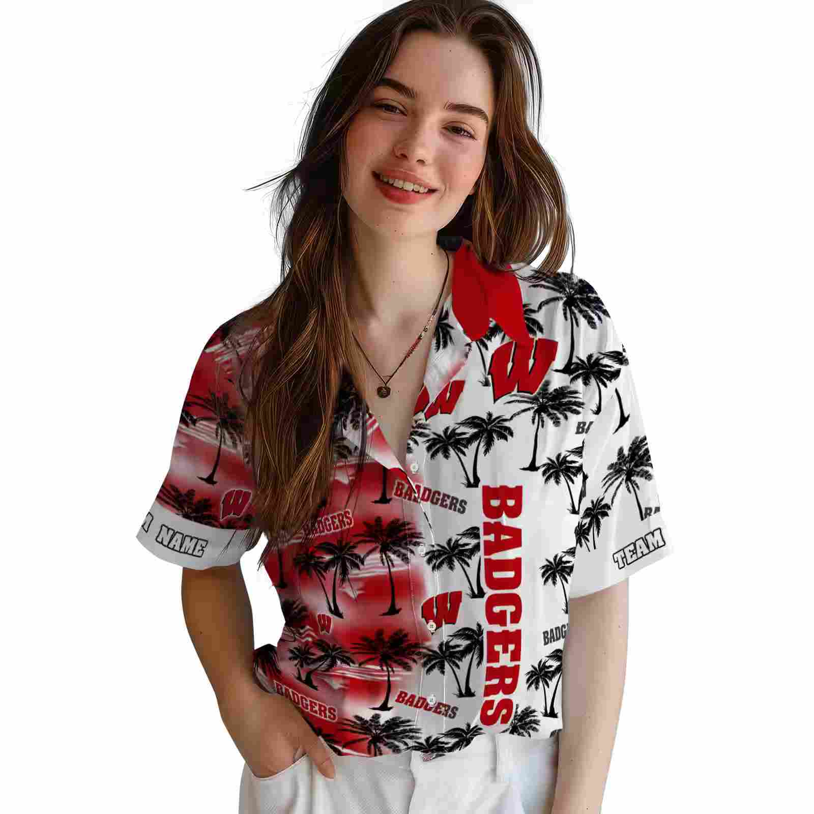 customized wisconsin badgers palm silhouettes red hawaiian shirt latest model