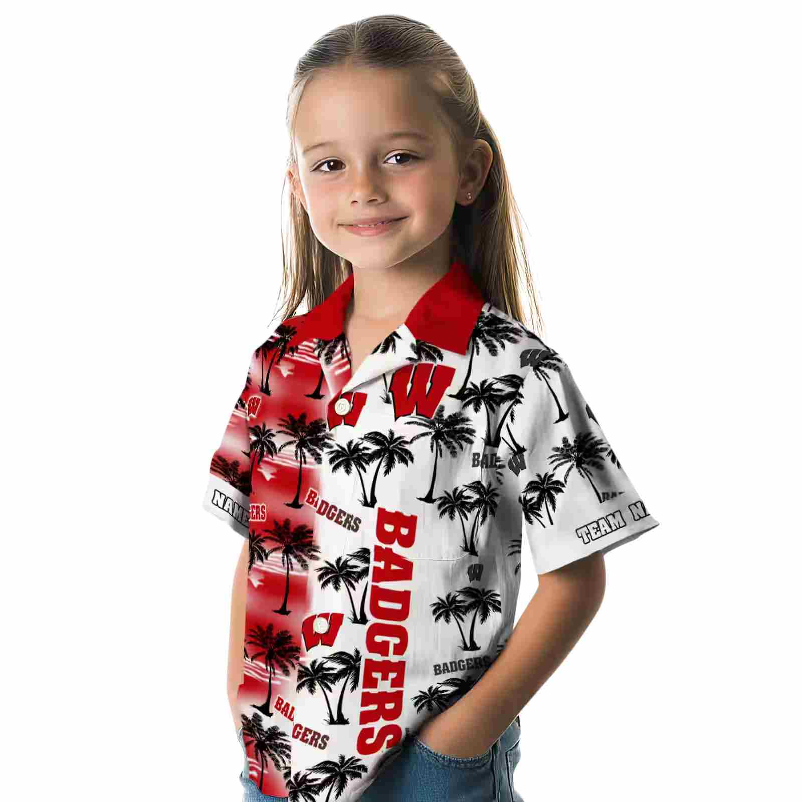 customized wisconsin badgers palm silhouettes red hawaiian shirt premium grade