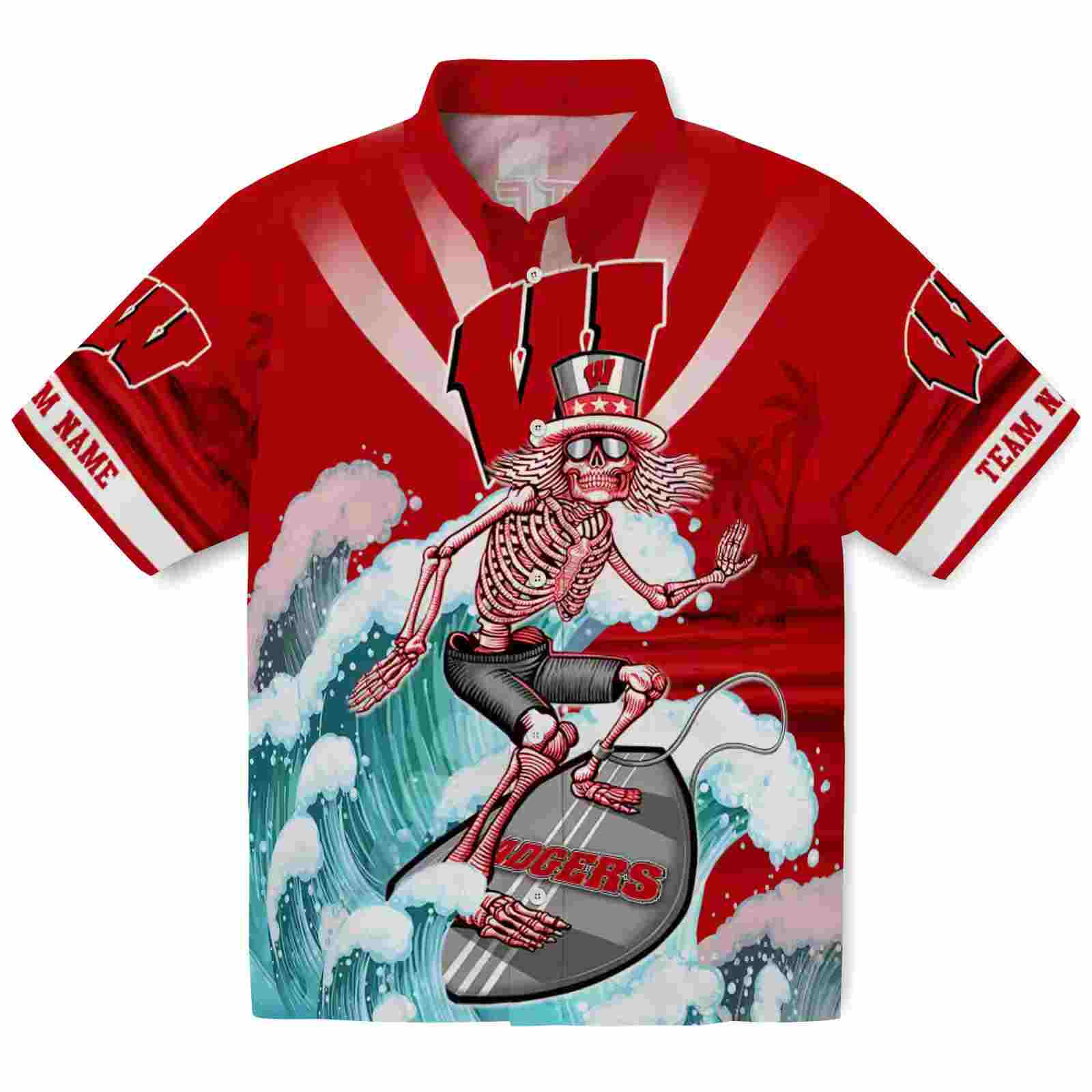 Customized Wisconsin Badgers Surfing Skeleton Red Blue Hawaiian Shirt