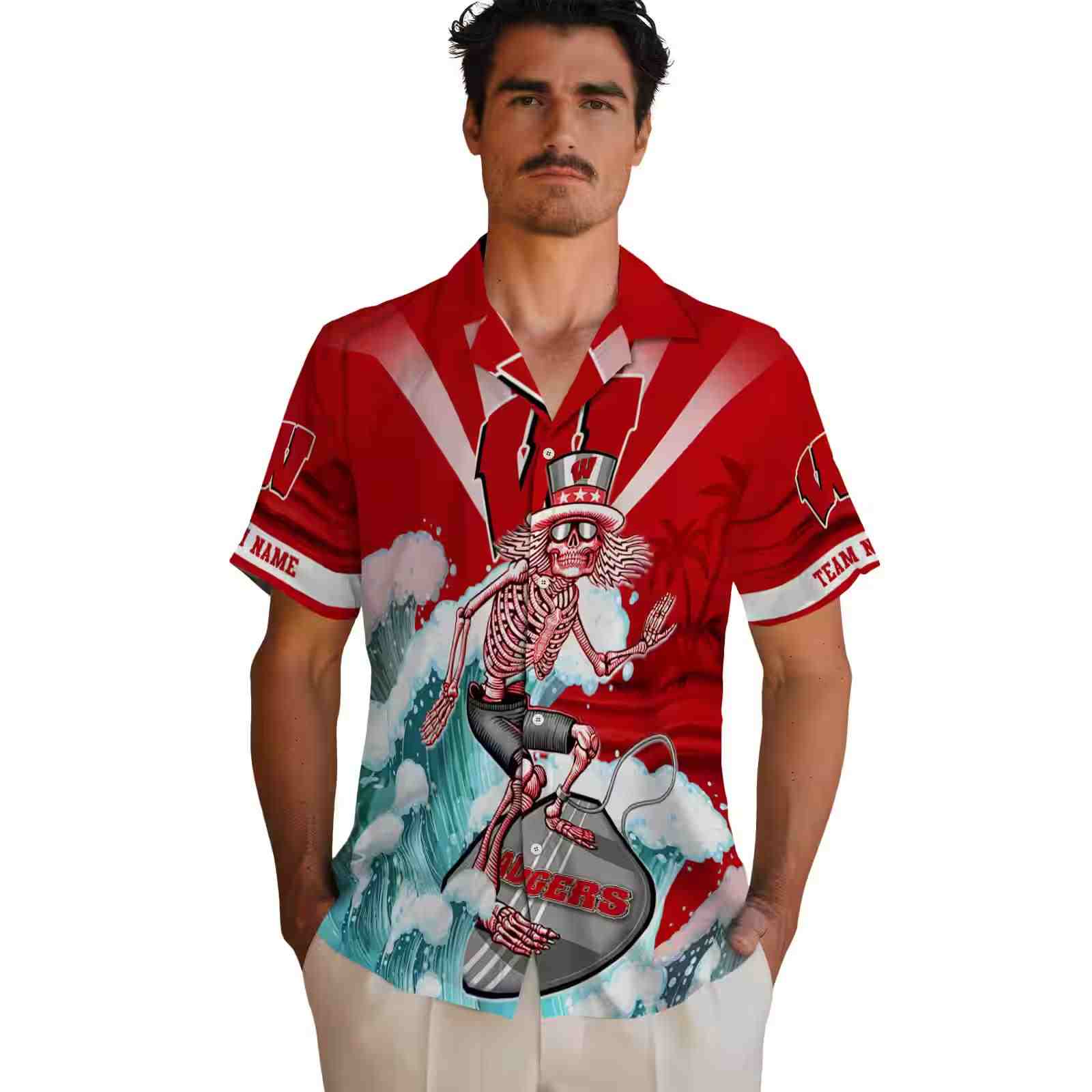 customized wisconsin badgers surfing skeleton red blue hawaiian shirt fashion forward