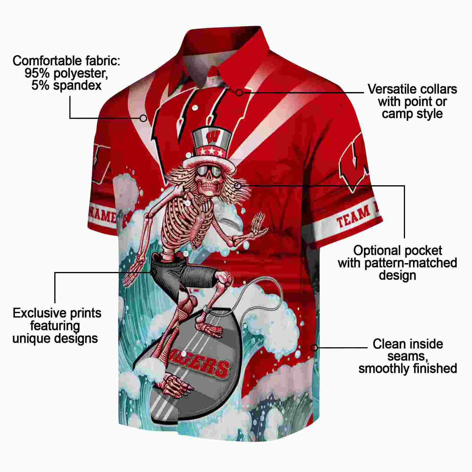 customized wisconsin badgers surfing skeleton red blue hawaiian shirt new arrival