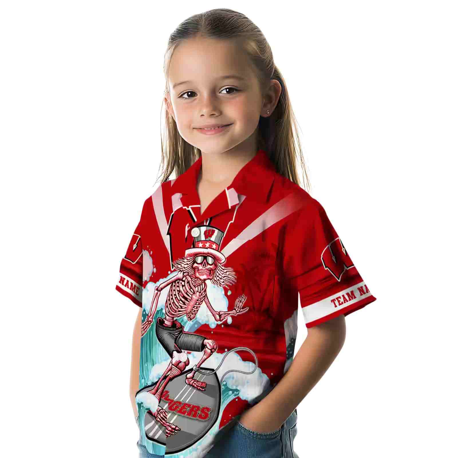 customized wisconsin badgers surfing skeleton red blue hawaiian shirt premium grade