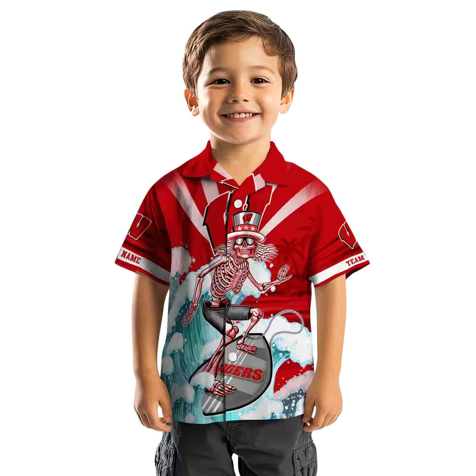 customized wisconsin badgers surfing skeleton red blue hawaiian shirt top rated