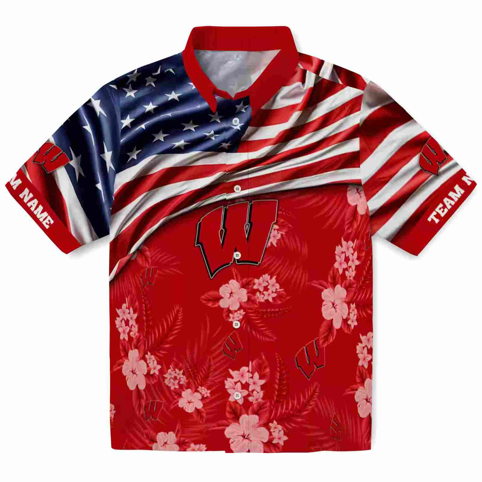 Customized Wisconsin Badgers US Flag Hibiscus Red Hawaiian Shirt