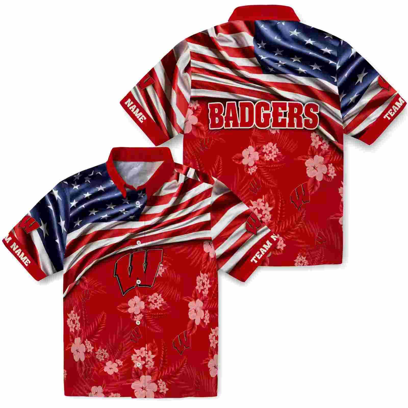 customized wisconsin badgers us flag hibiscus red hawaiian shirt high quality