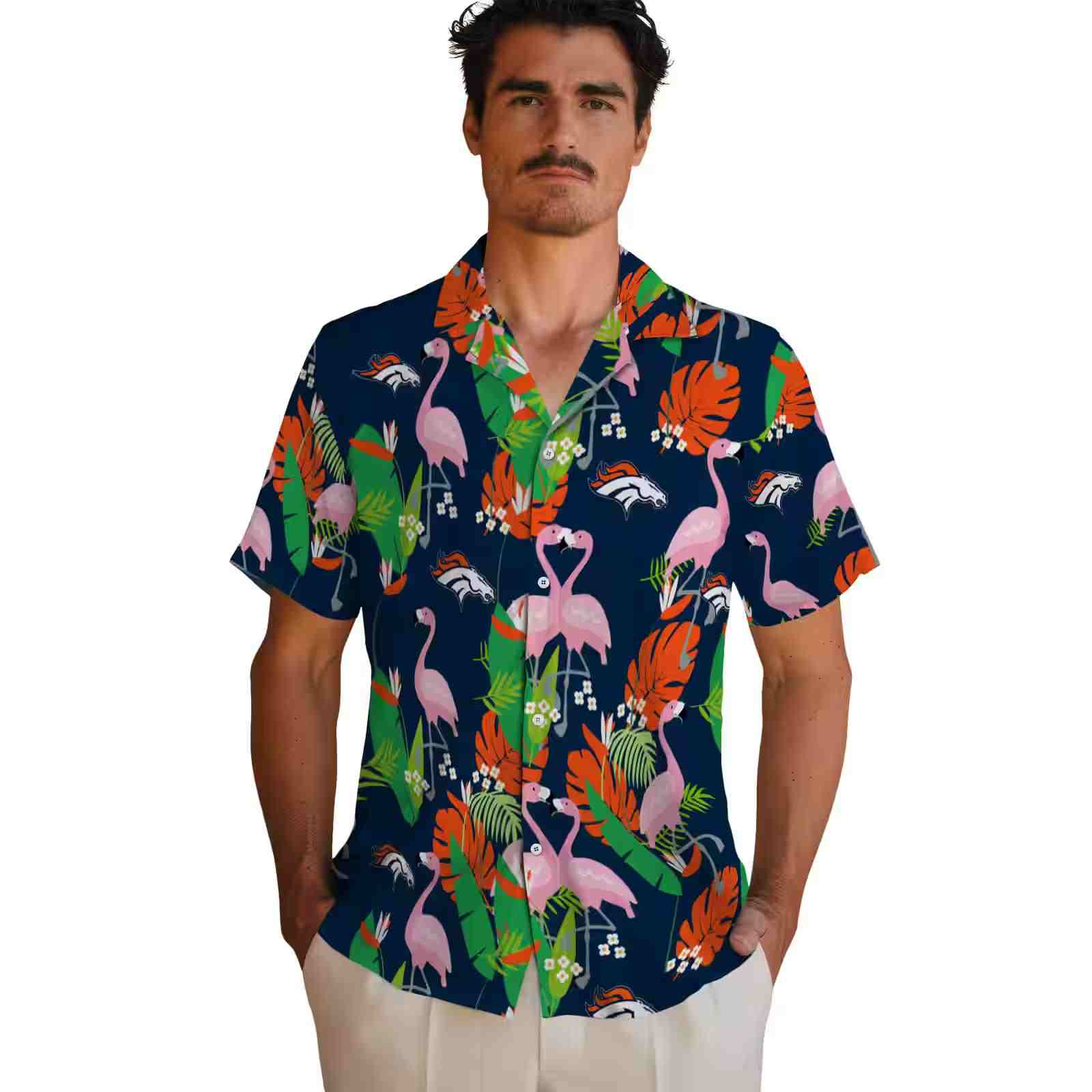 denver broncos flamingo foliage orange green hawaiian shirt fashion forward