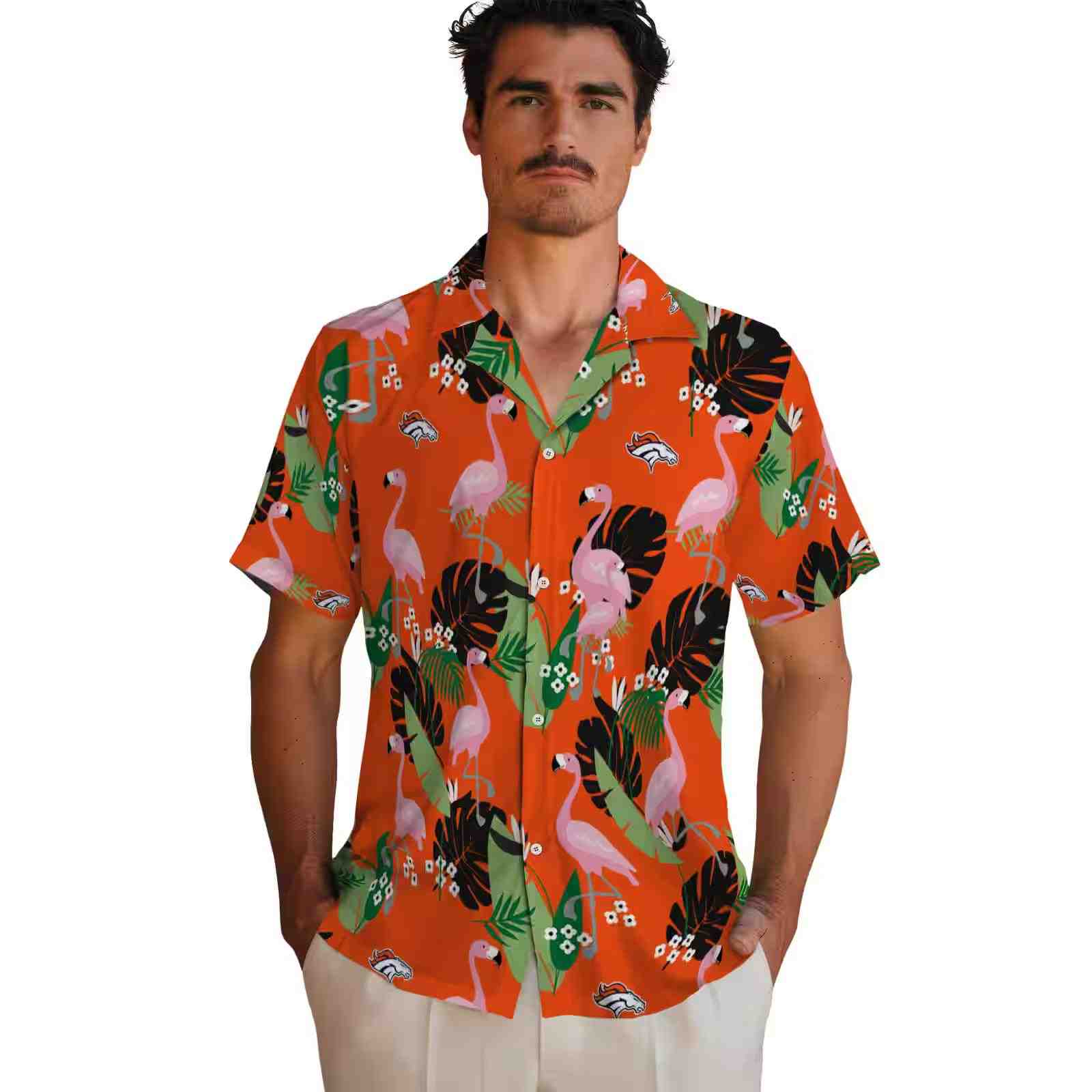 denver broncos flamingo leaf motif orange hawaiian shirt fashion forward