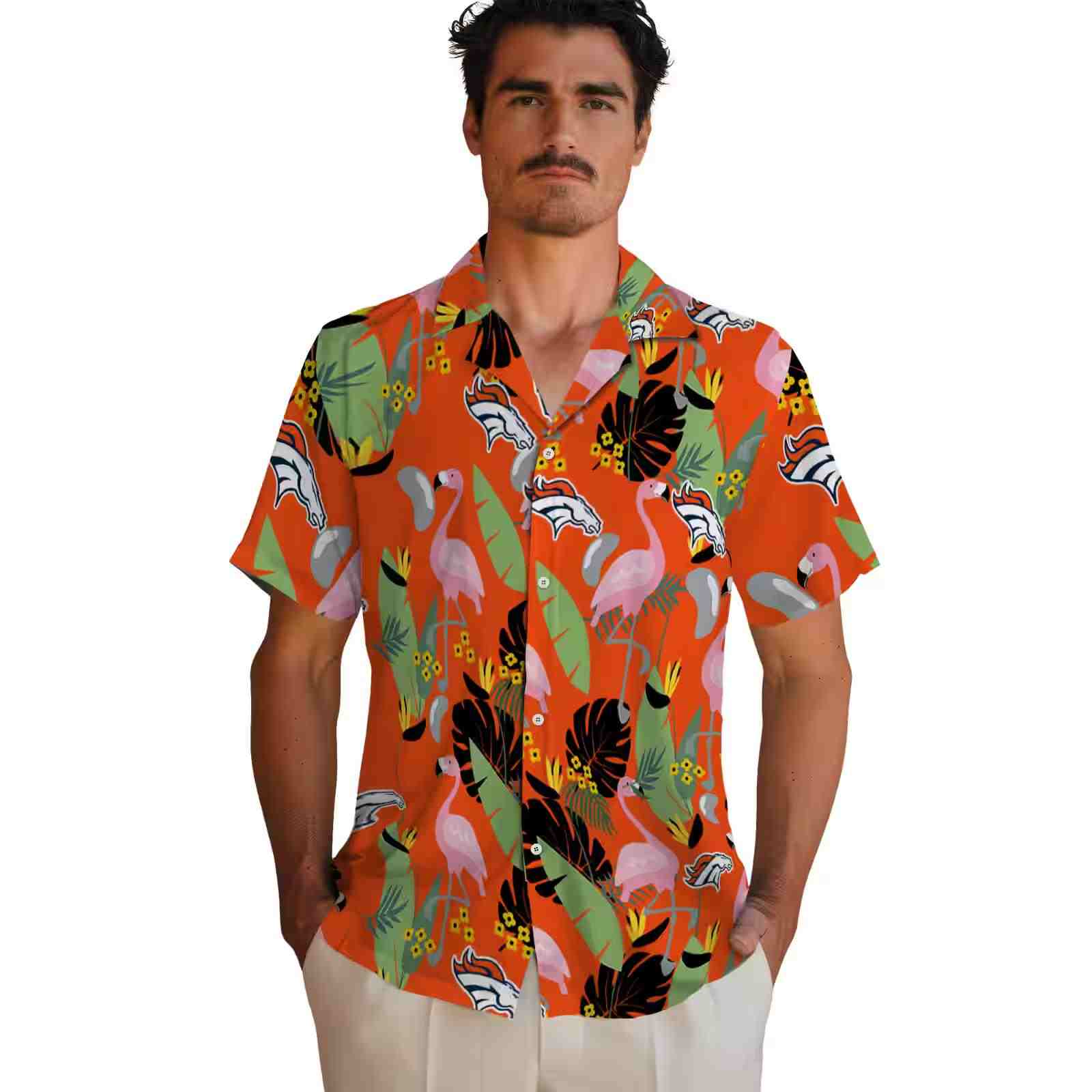 denver broncos flamingo leaves orange hawaiian shirt fashion forward