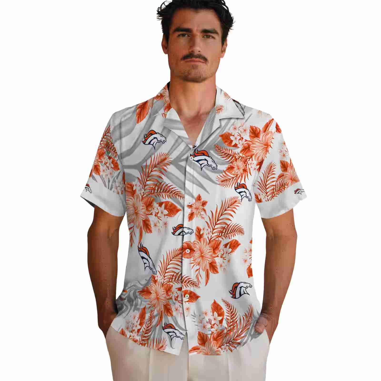 denver broncos hibiscus palm leaves orange white hawaiian shirt fashion forward