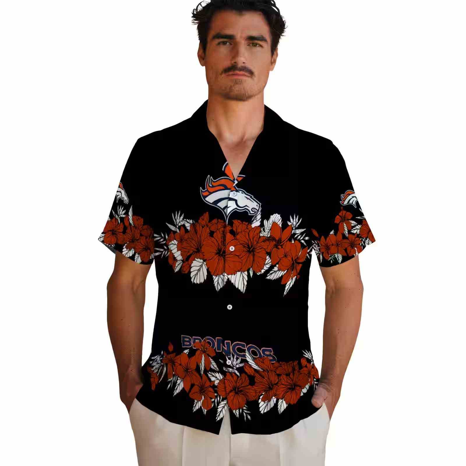 denver broncos hibiscus stripe orange black hawaiian shirt fashion forward