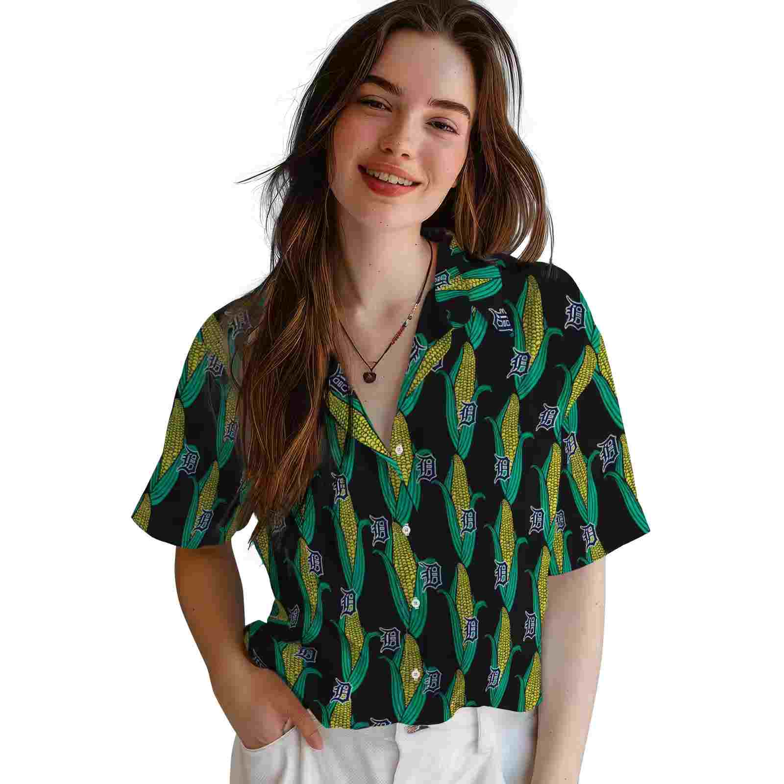 detroit tigers corn motifs black green hawaiian shirt latest model