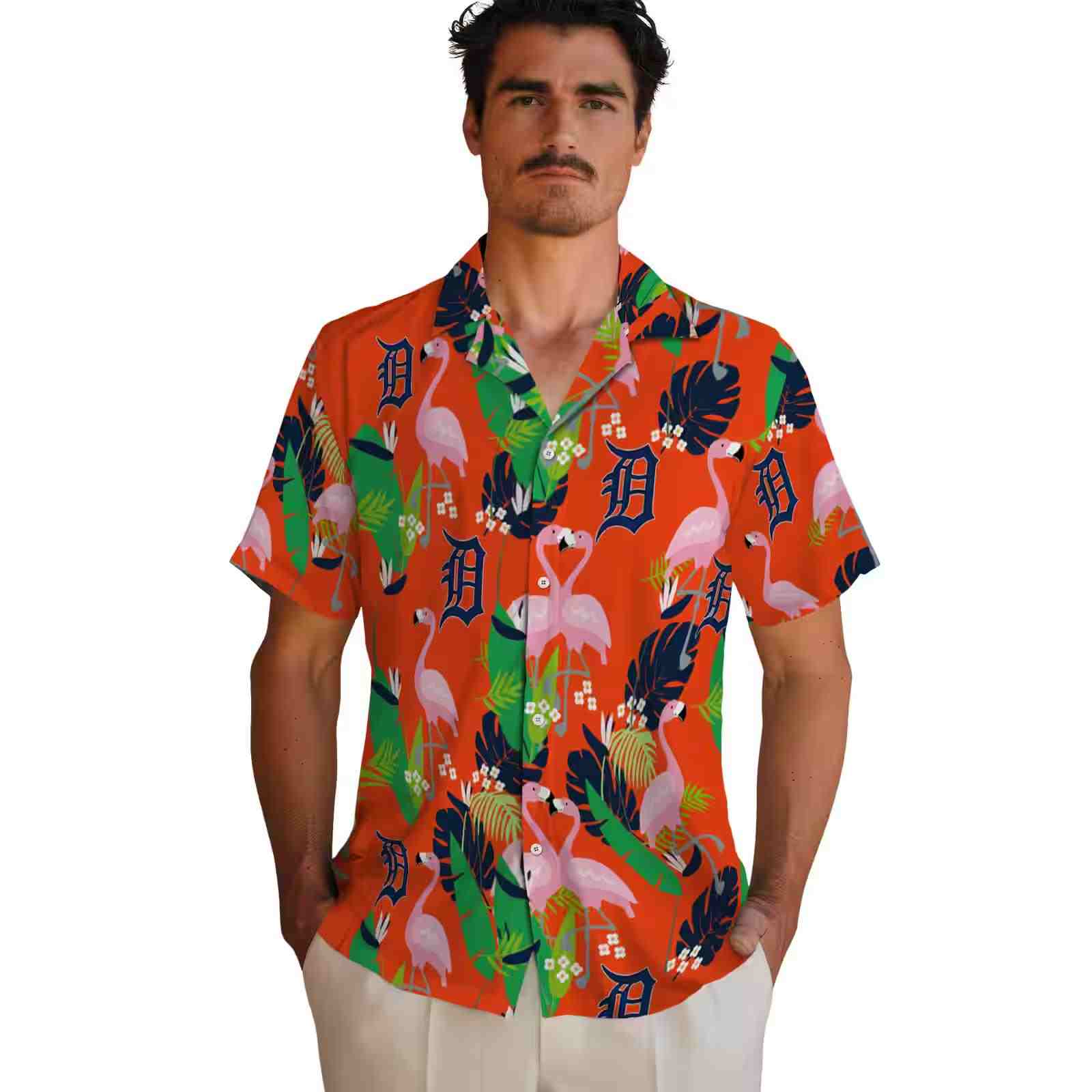 detroit tigers flamingo foliage navy green hawaiian shirt fashion forward