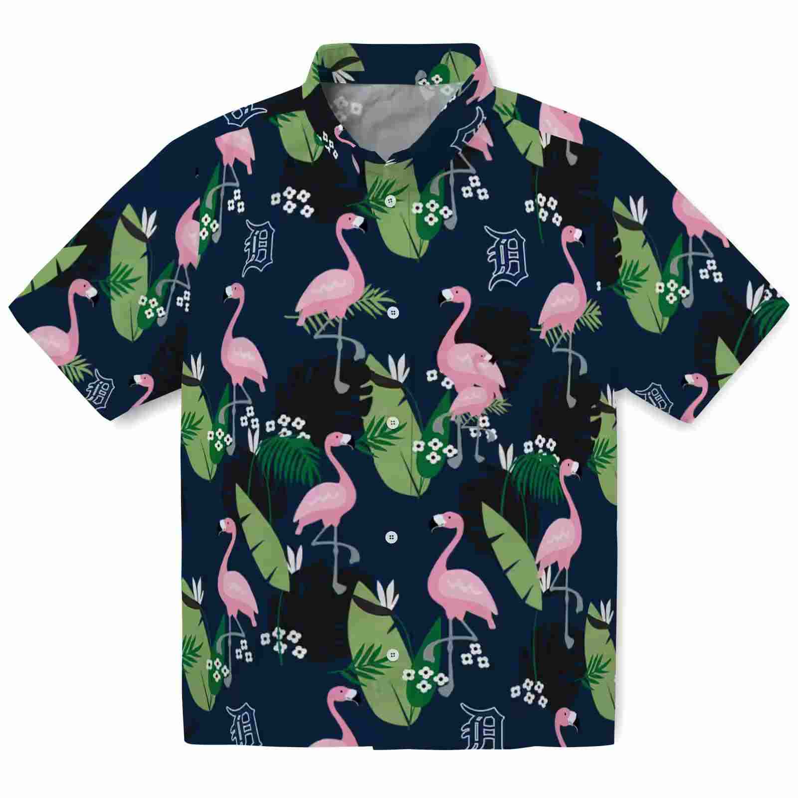 Detroit Tigers Flamingo Leaf Motif Navy Hawaiian Shirt