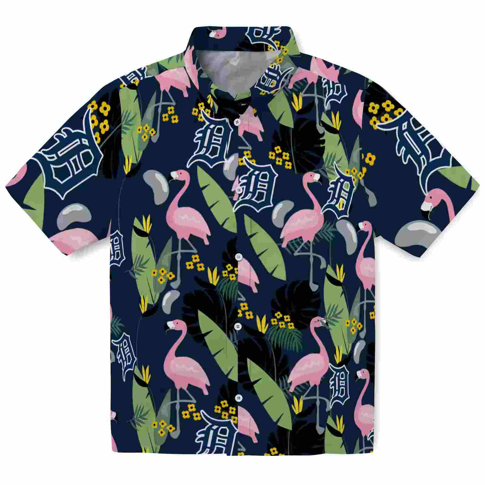 Detroit Tigers Flamingo Leaves Navy Hawaiian Shirt