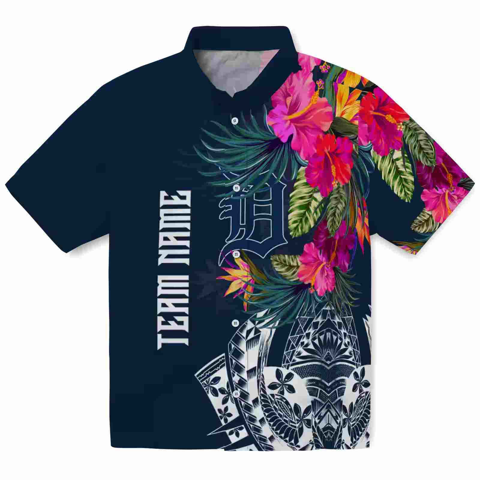 Detroit Tigers Floral Polynesian Navy Hawaiian Shirt