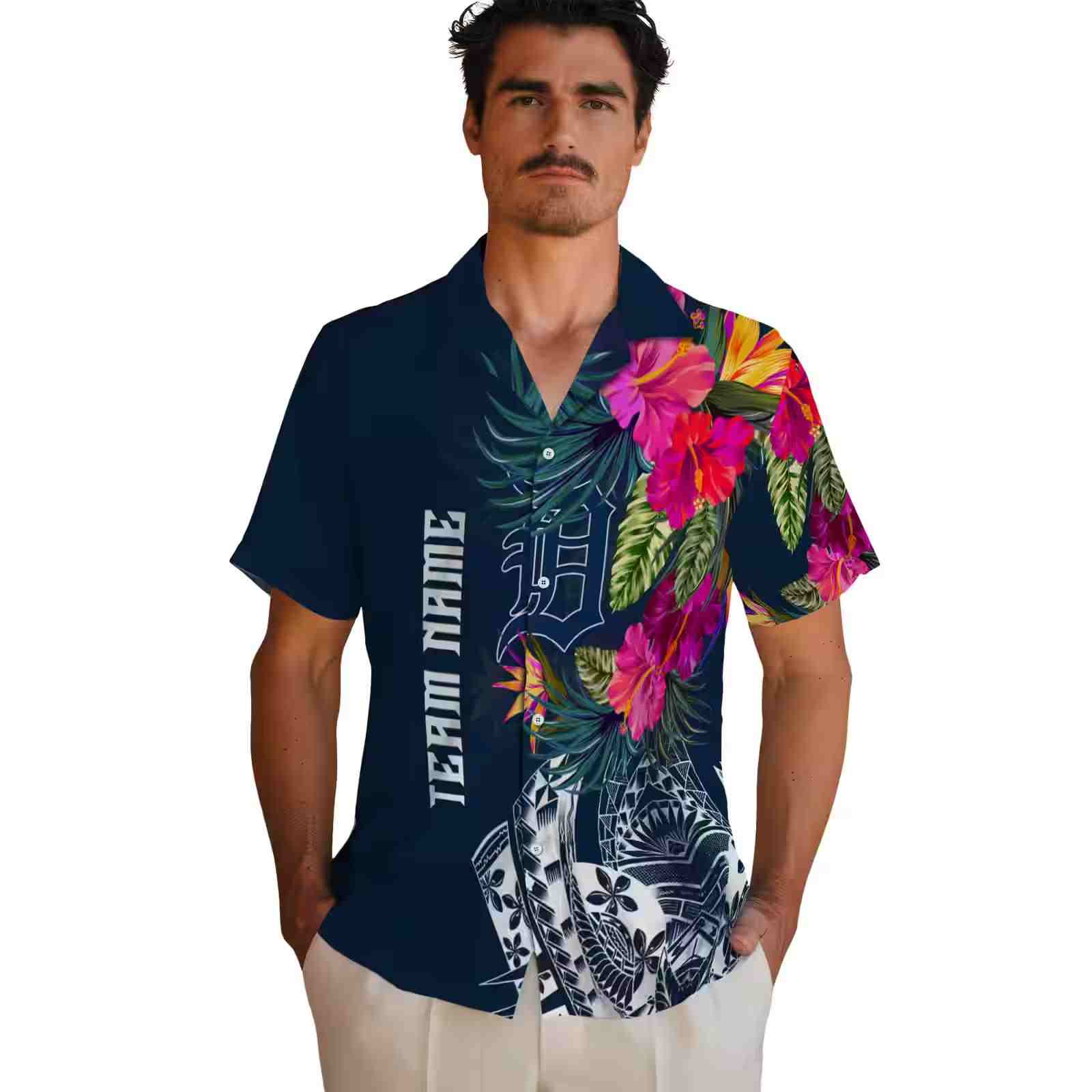 detroit tigers floral polynesian navy hawaiian shirt fashion forward