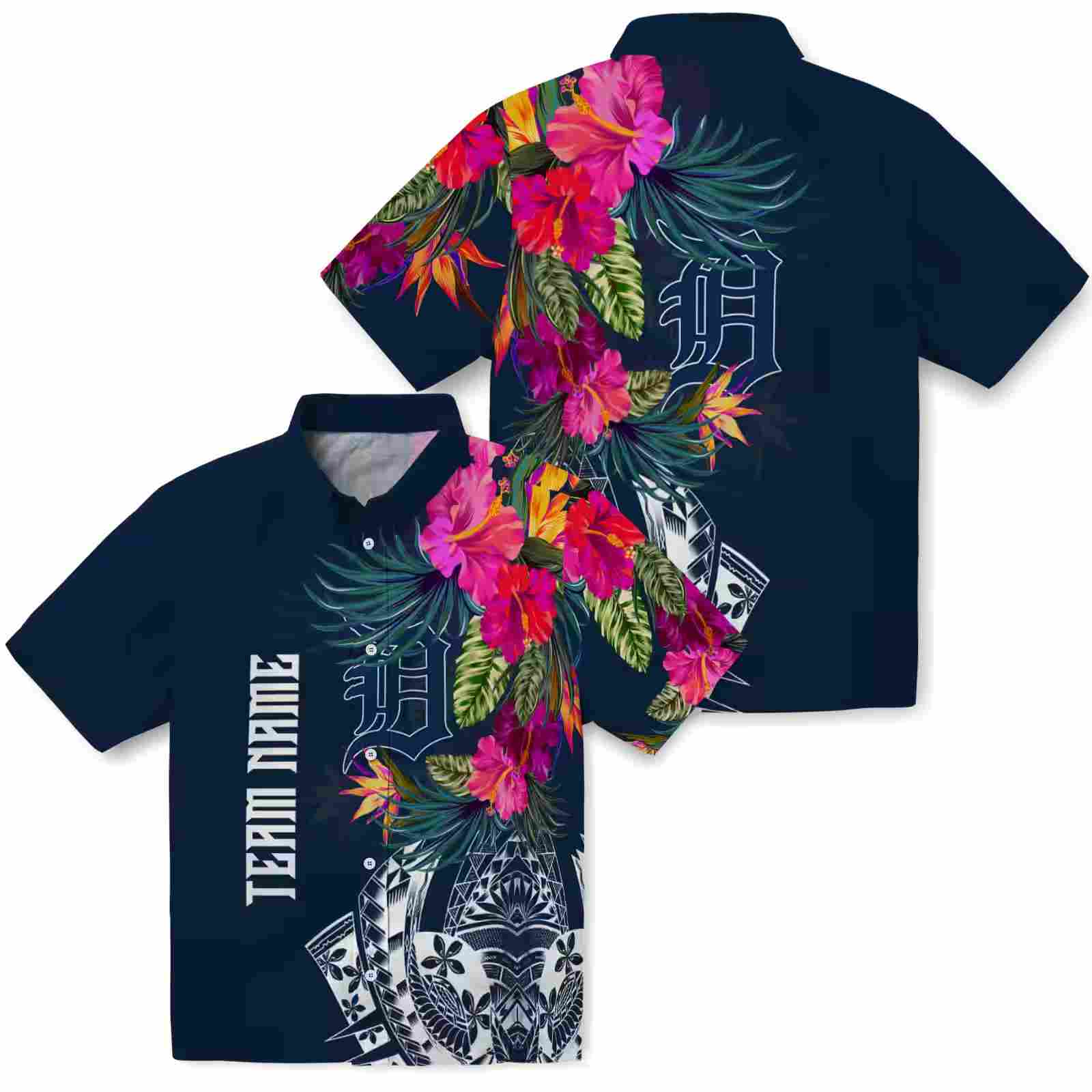 detroit tigers floral polynesian navy hawaiian shirt high quality