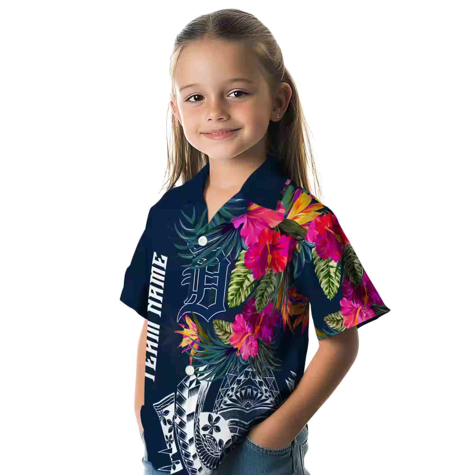 detroit tigers floral polynesian navy hawaiian shirt premium grade