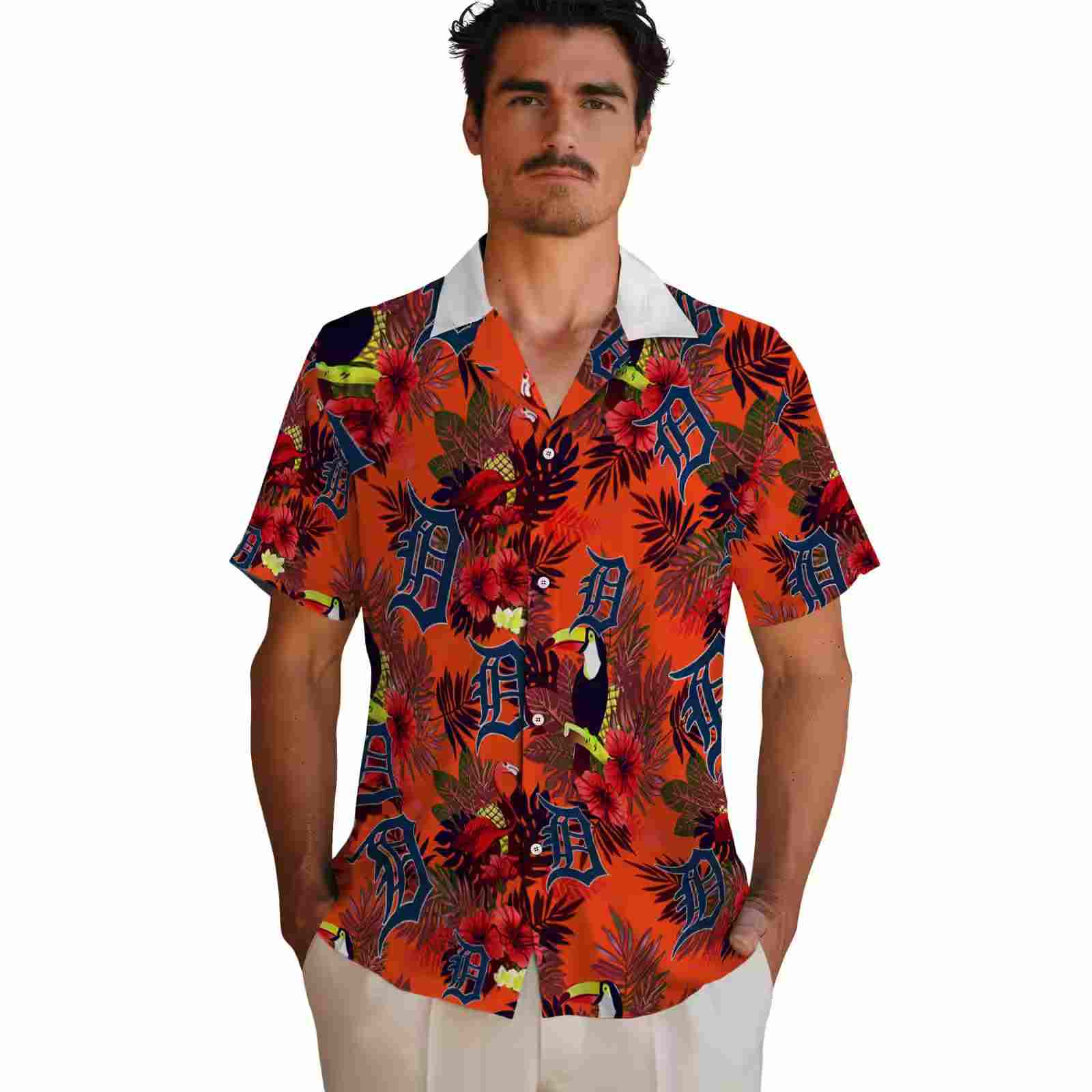 detroit tigers floral toucan navy red hawaiian shirt fashion forward