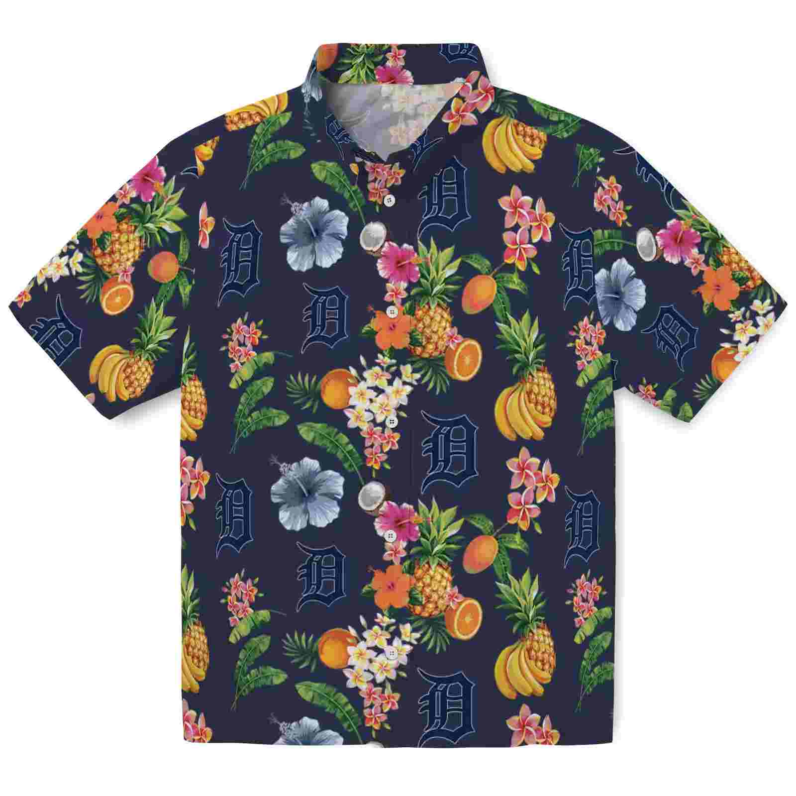 Detroit Tigers Hibiscus And Fruit Navy Blue Hawaiian Shirt