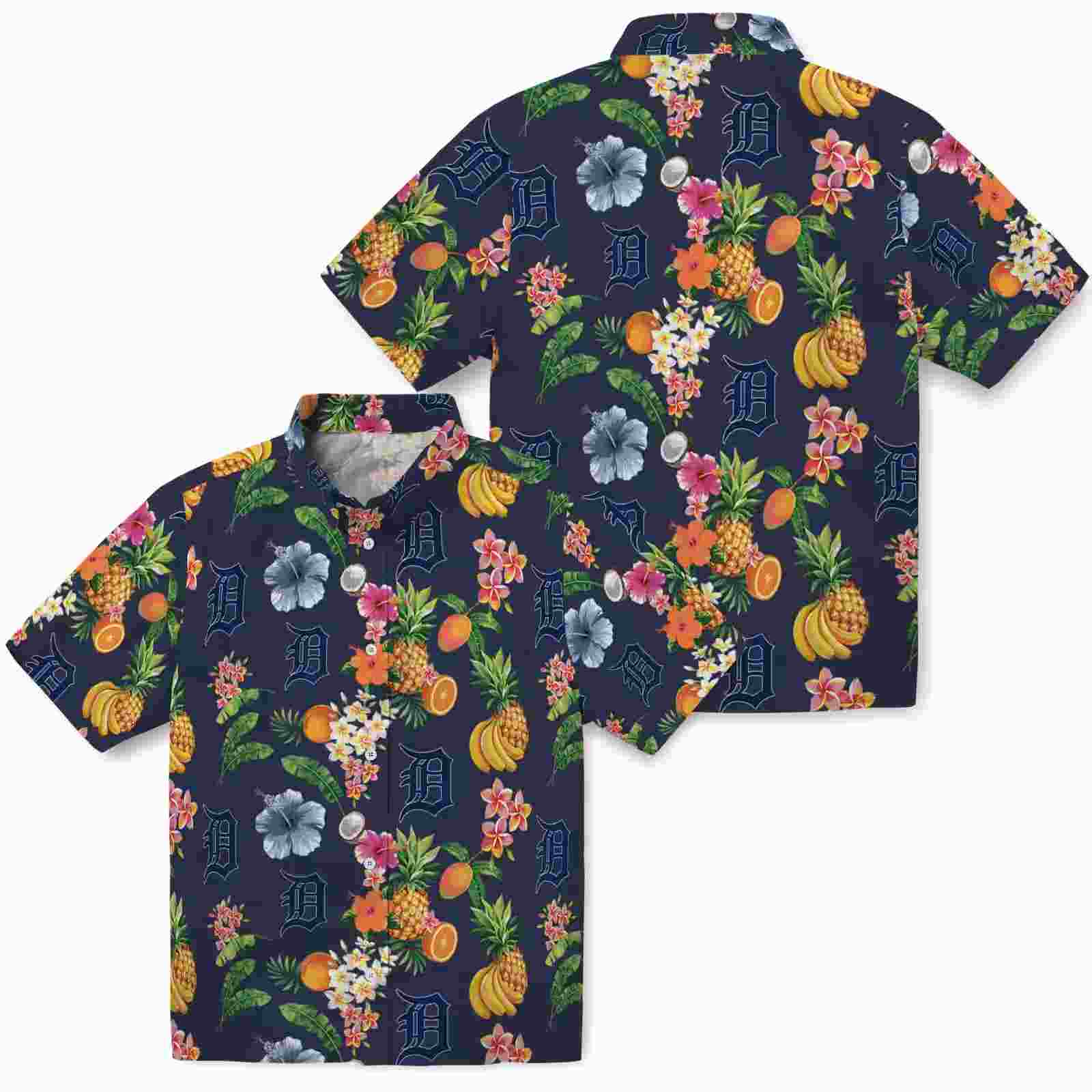 detroit tigers hibiscus and fruit navy blue hawaiian shirt high quality