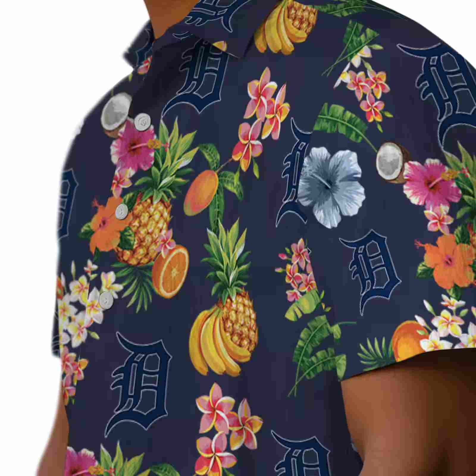 detroit tigers hibiscus and fruit navy blue hawaiian shirt trendy