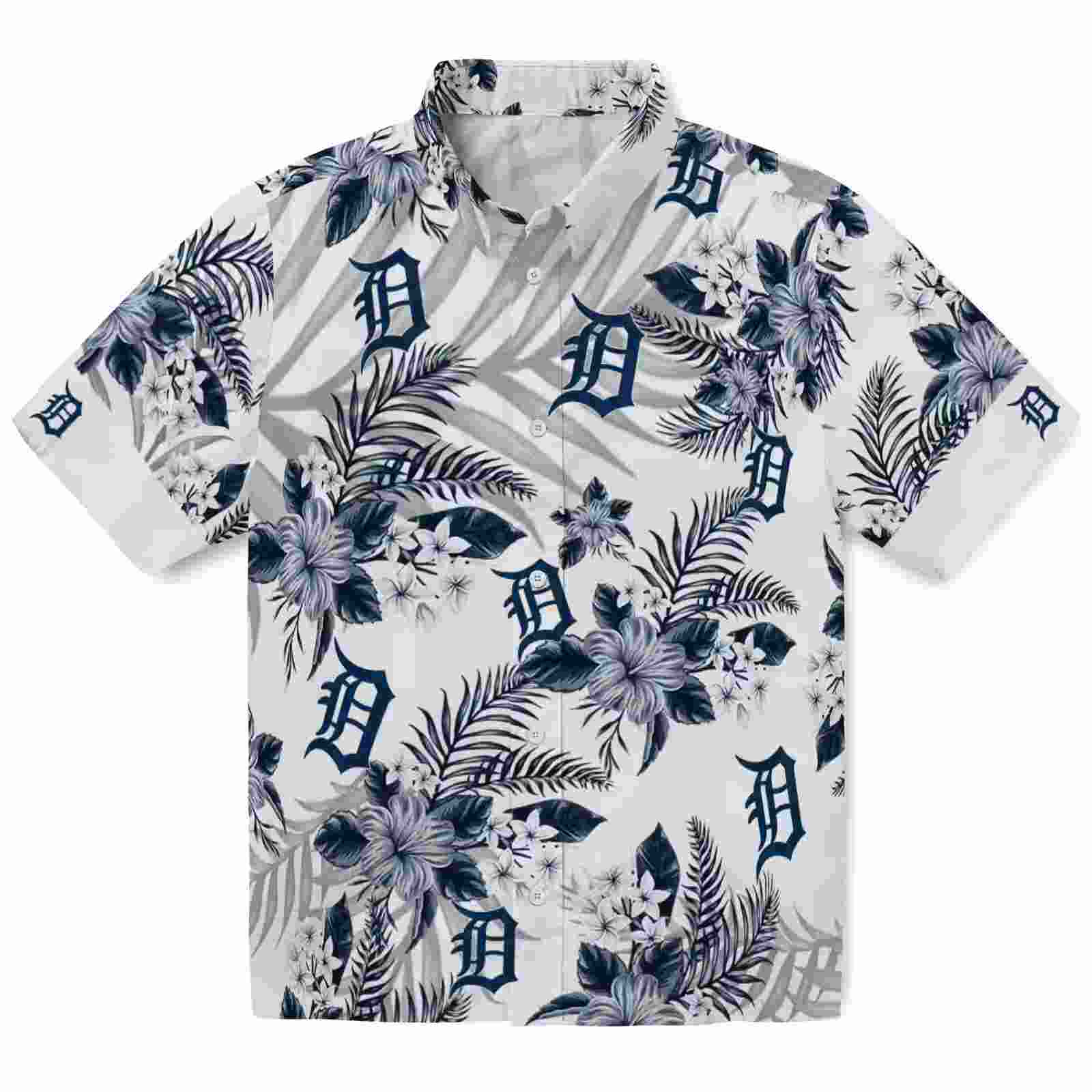 Detroit Tigers Hibiscus Palm Leaves Navy White Hawaiian Shirt