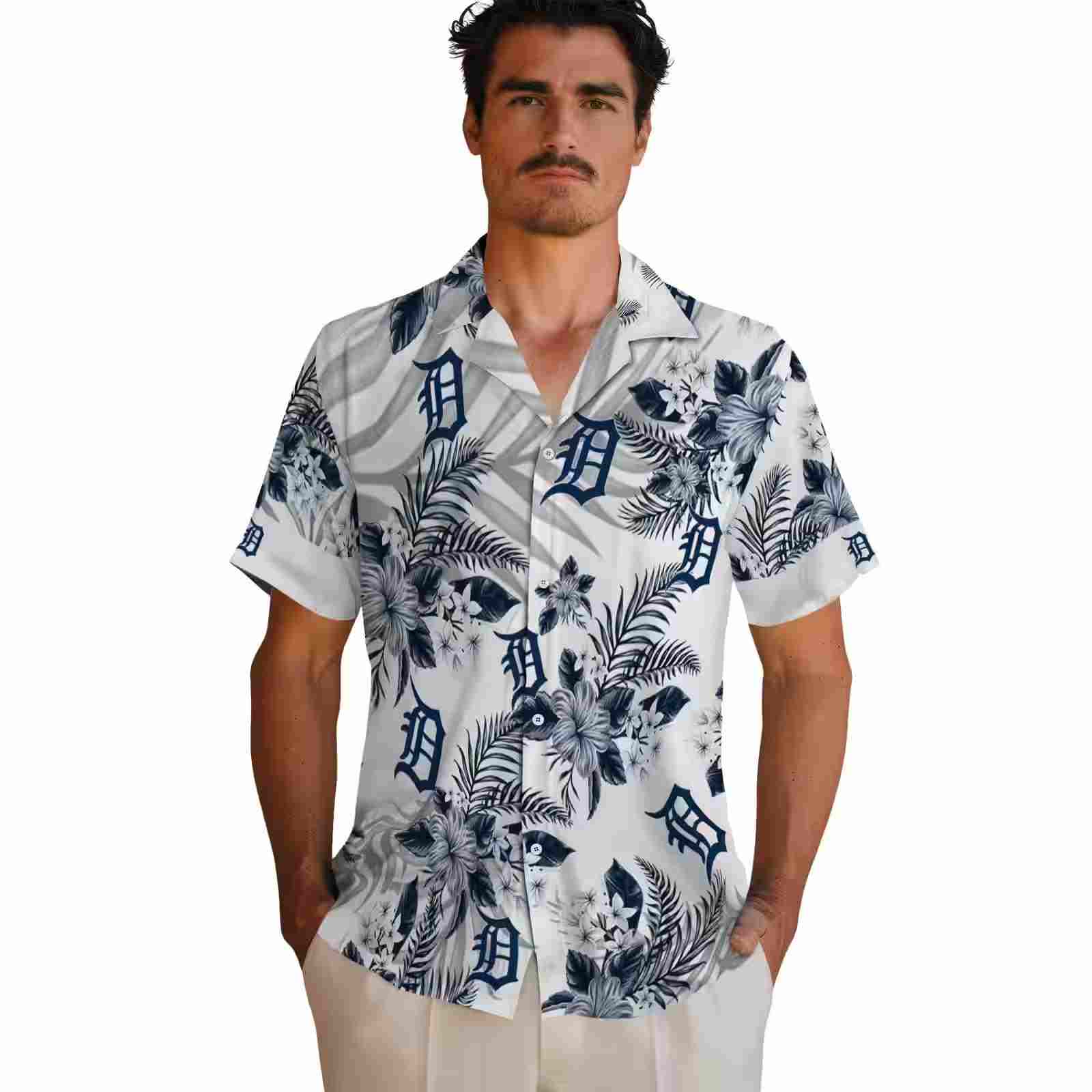 detroit tigers hibiscus palm leaves navy white hawaiian shirt fashion forward