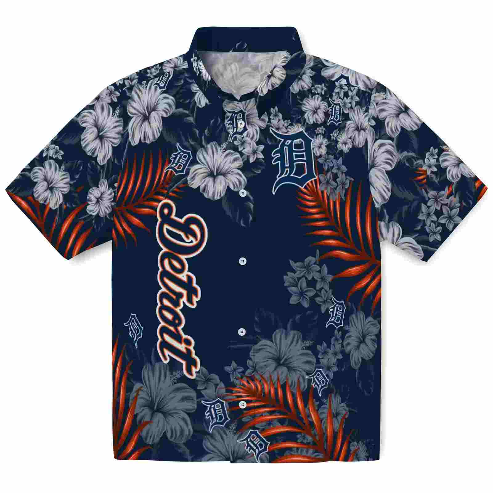 Detroit Tigers Hibiscus Print Navy Hawaiian Shirt