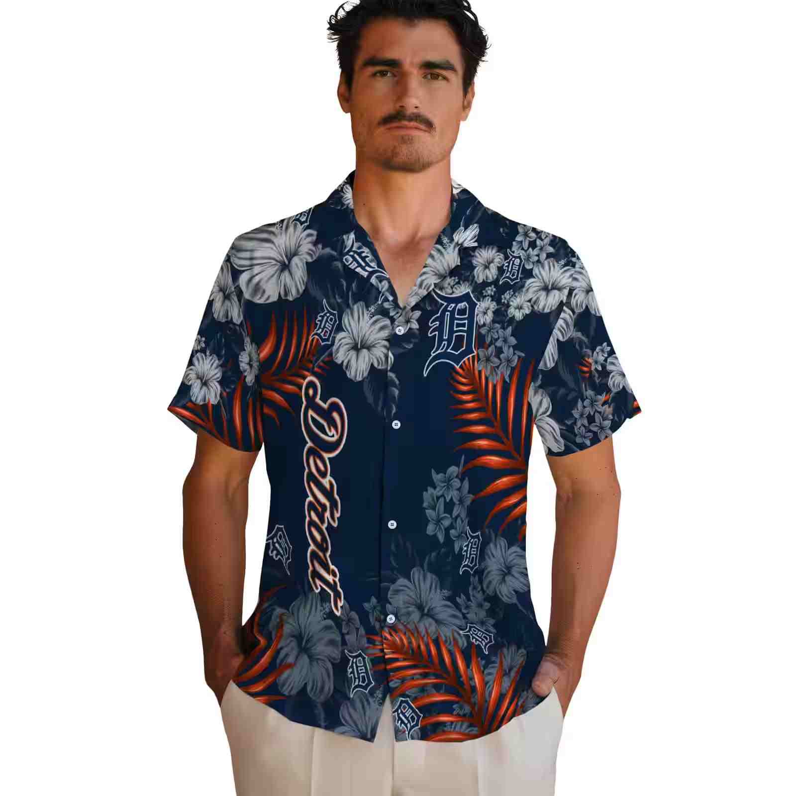 detroit tigers hibiscus print navy hawaiian shirt fashion forward