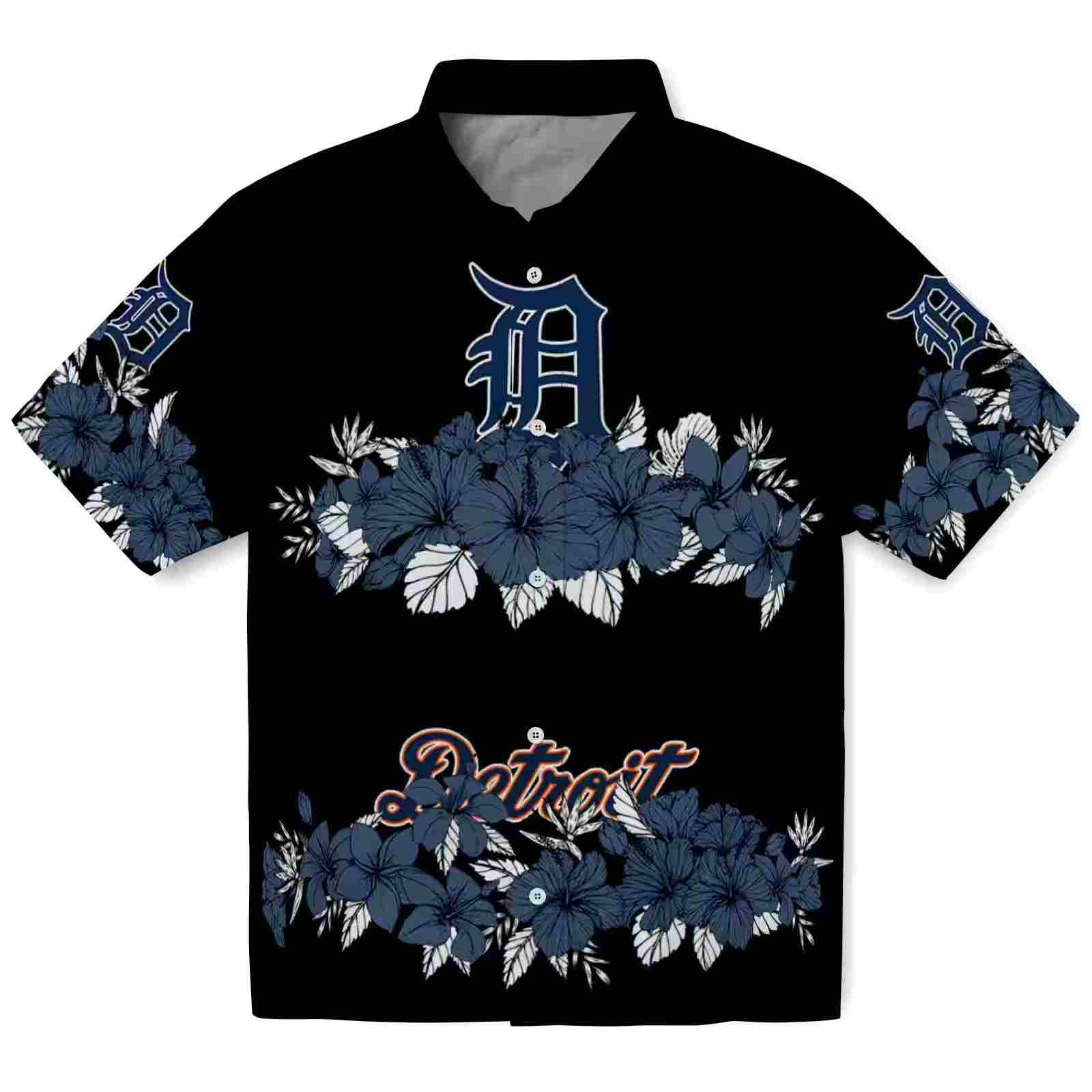 Detroit Tigers Hibiscus Stripe Navy Black Hawaiian Shirt