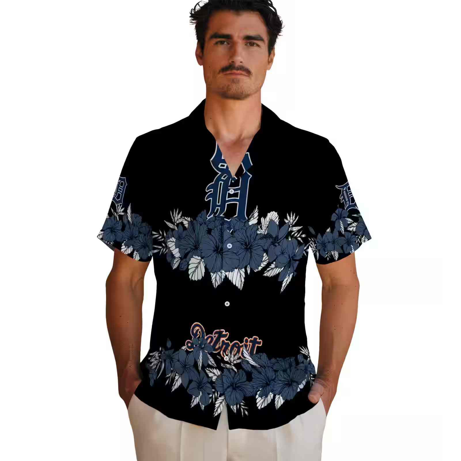 detroit tigers hibiscus stripe navy black hawaiian shirt fashion forward