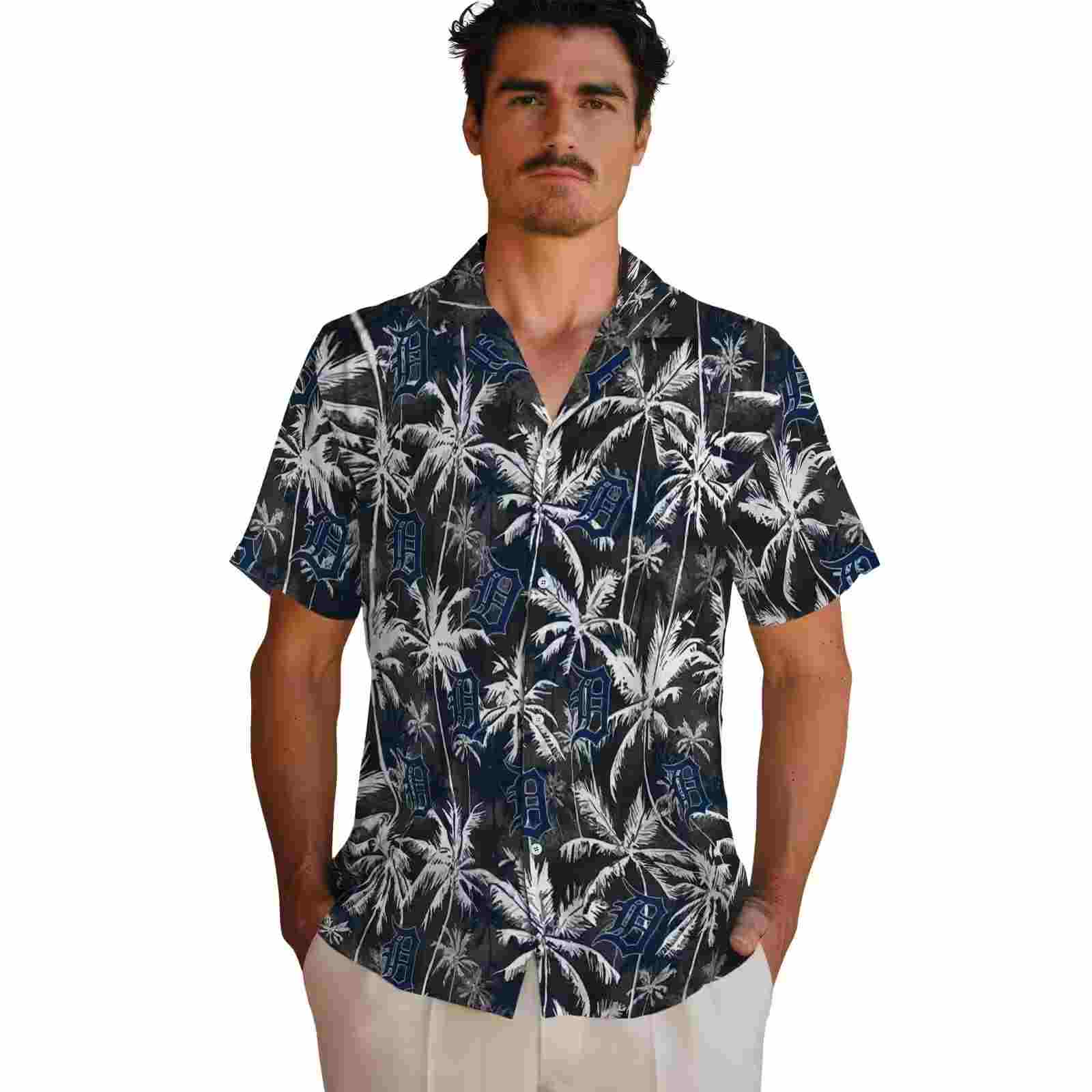 detroit tigers palm pattern navy black hawaiian shirt fashion forward