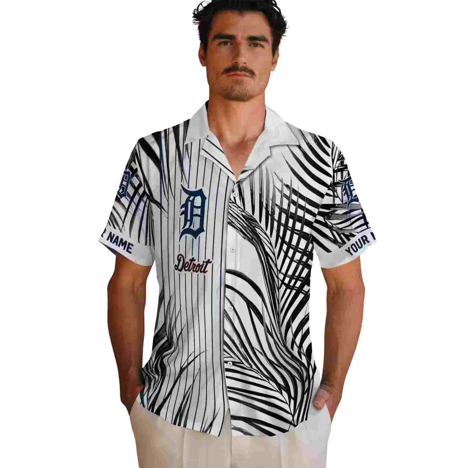 detroit tigers palm stripes navy black white hawaiian shirt fashion forward