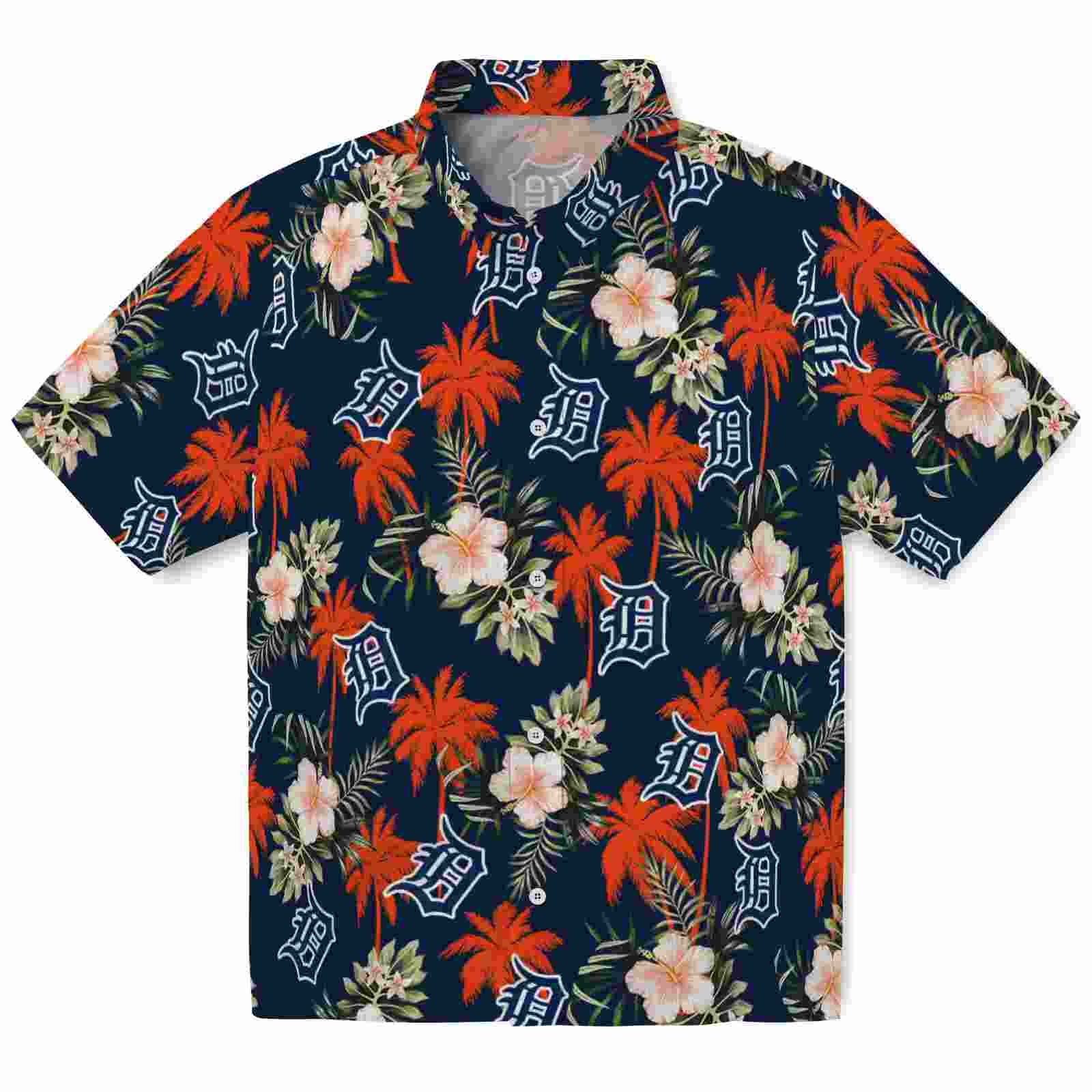 Detroit Tigers Palm Tree Flower Navy Hawaiian Shirt