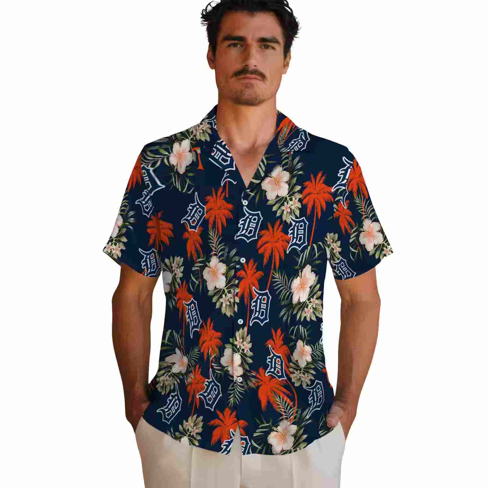 detroit tigers palm tree flower navy hawaiian shirt fashion forward