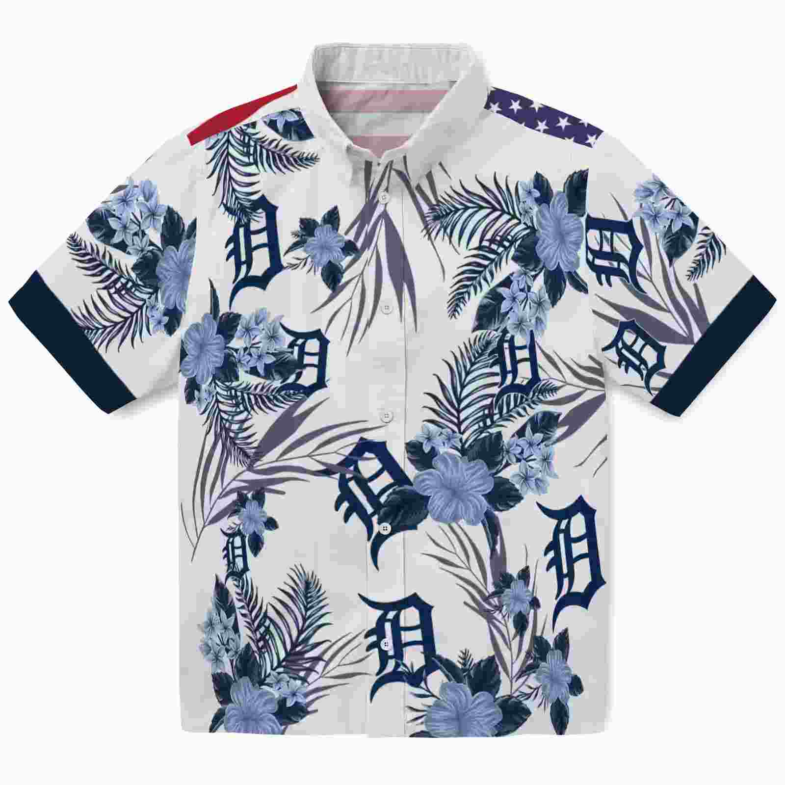 Detroit Tigers Patriotic Hibiscus Design Navy White Hawaiian Shirt