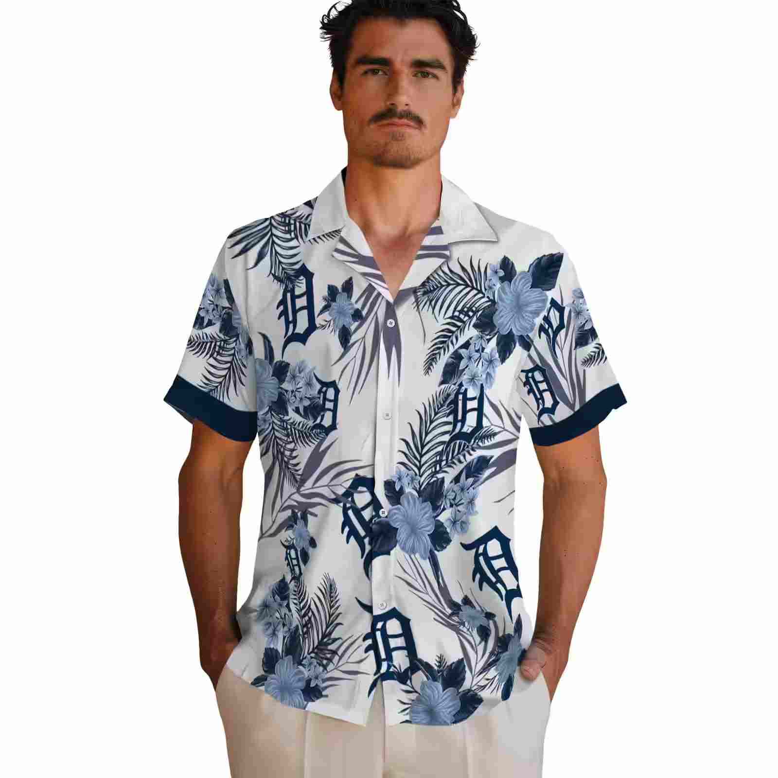 detroit tigers patriotic hibiscus design navy white hawaiian shirt fashion forward