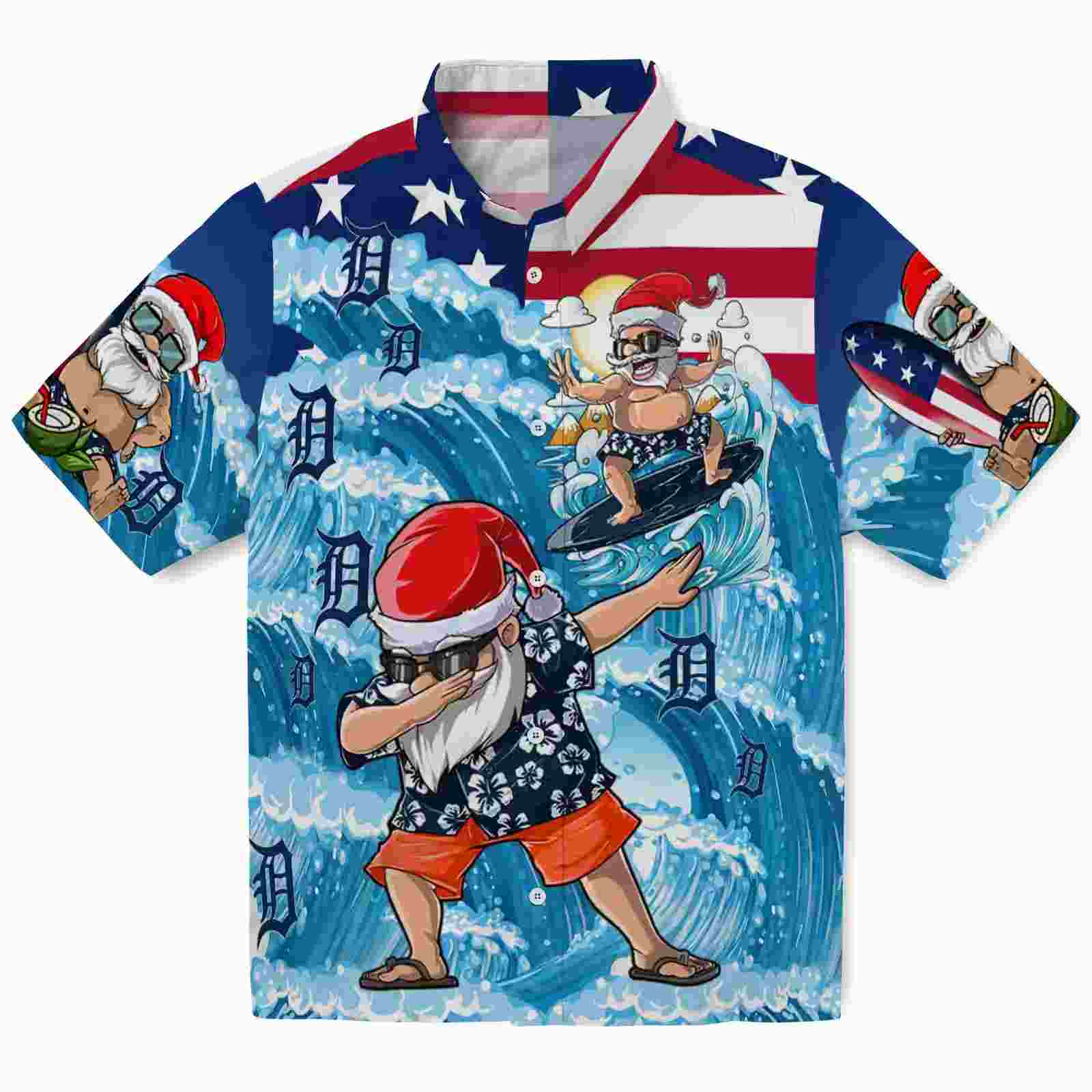 Detroit Tigers Surfing Santa Blue Hawaiian Shirt