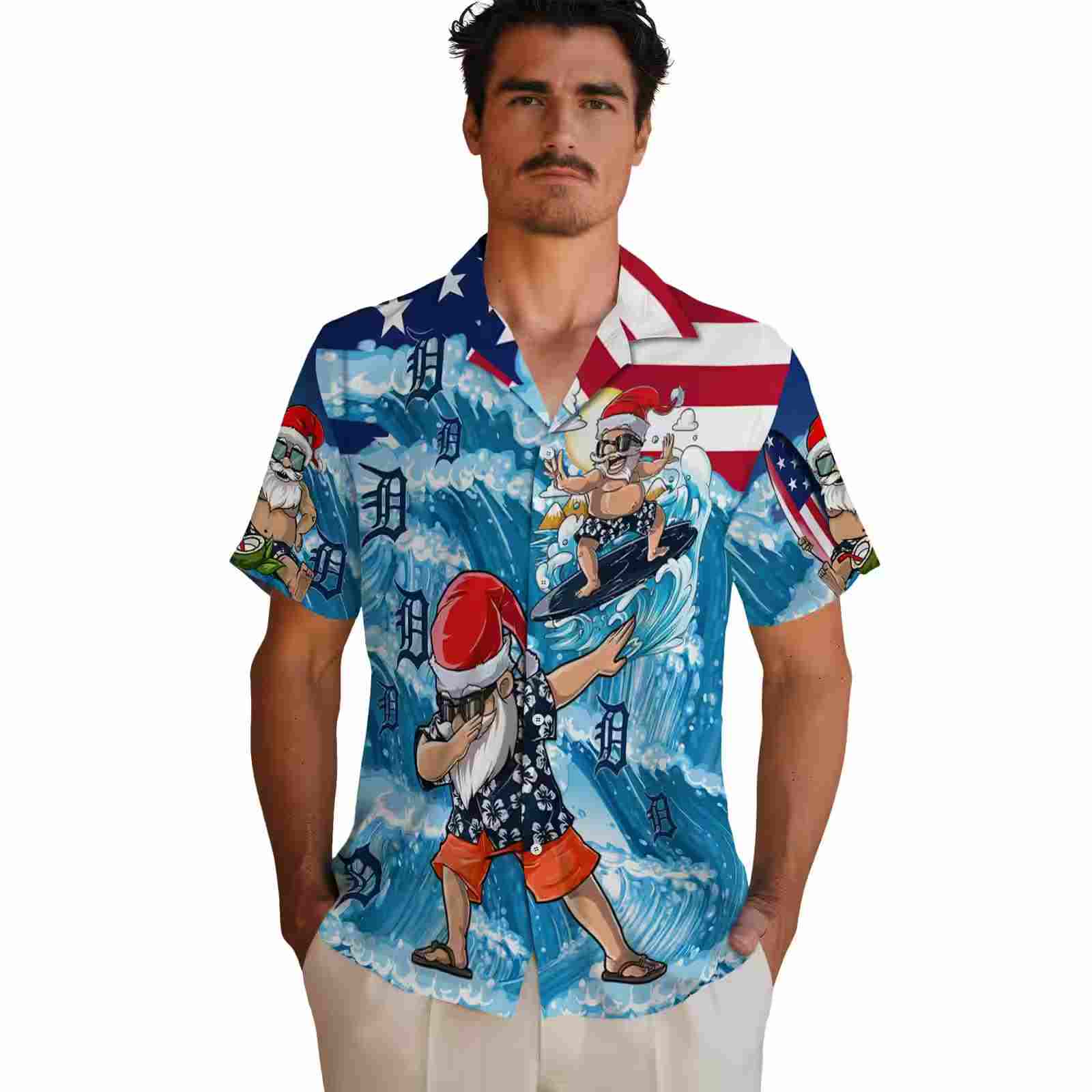 detroit tigers surfing santa blue hawaiian shirt fashion forward