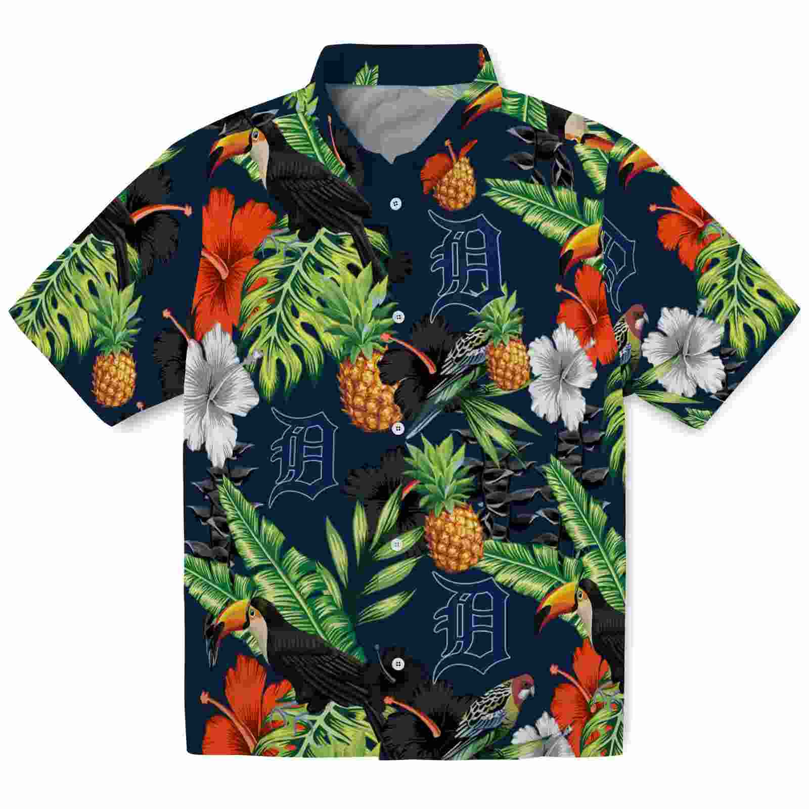 Detroit Tigers Toucan Hibiscus Pineapple Navy Green Hawaiian Shirt