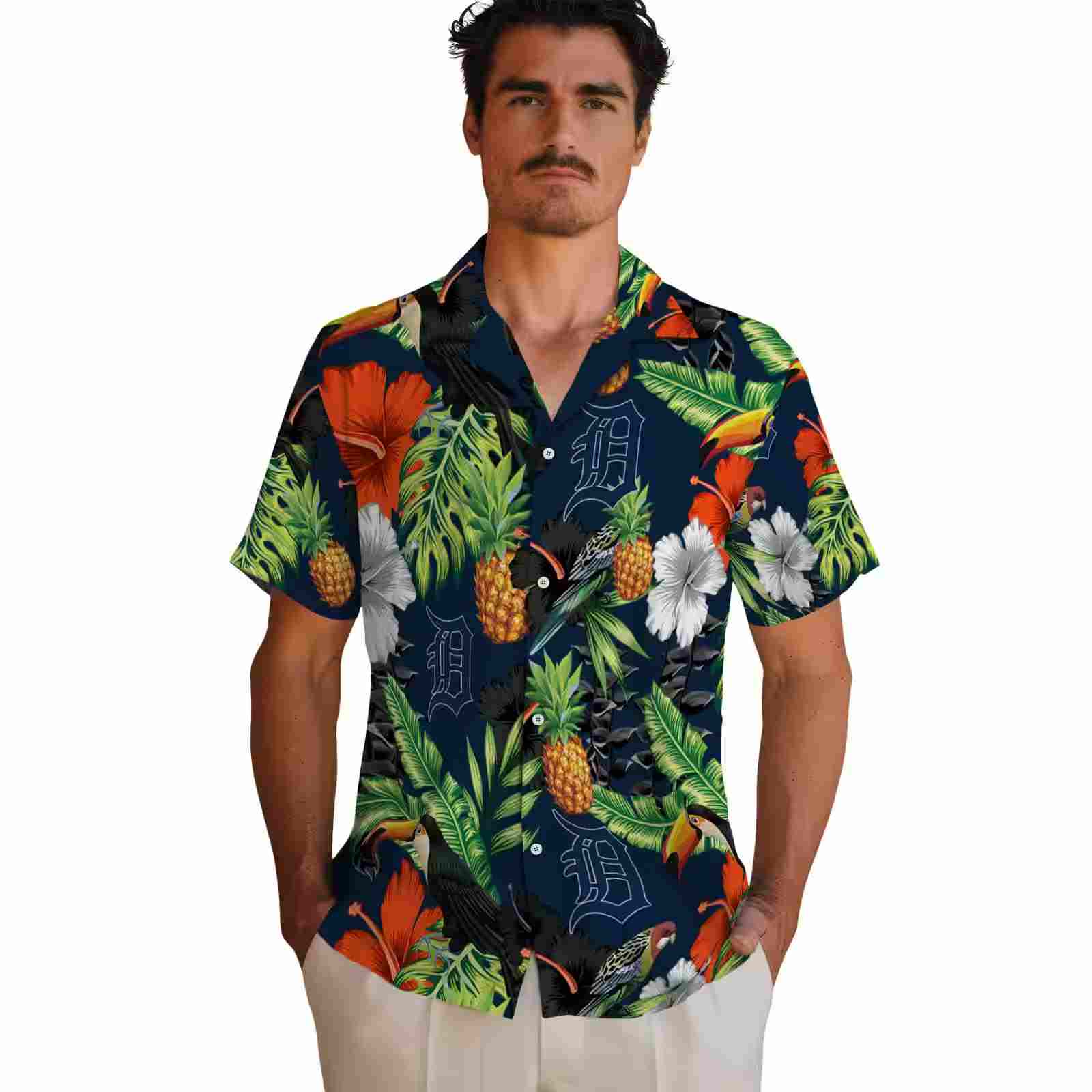 detroit tigers toucan hibiscus pineapple navy green hawaiian shirt fashion forward