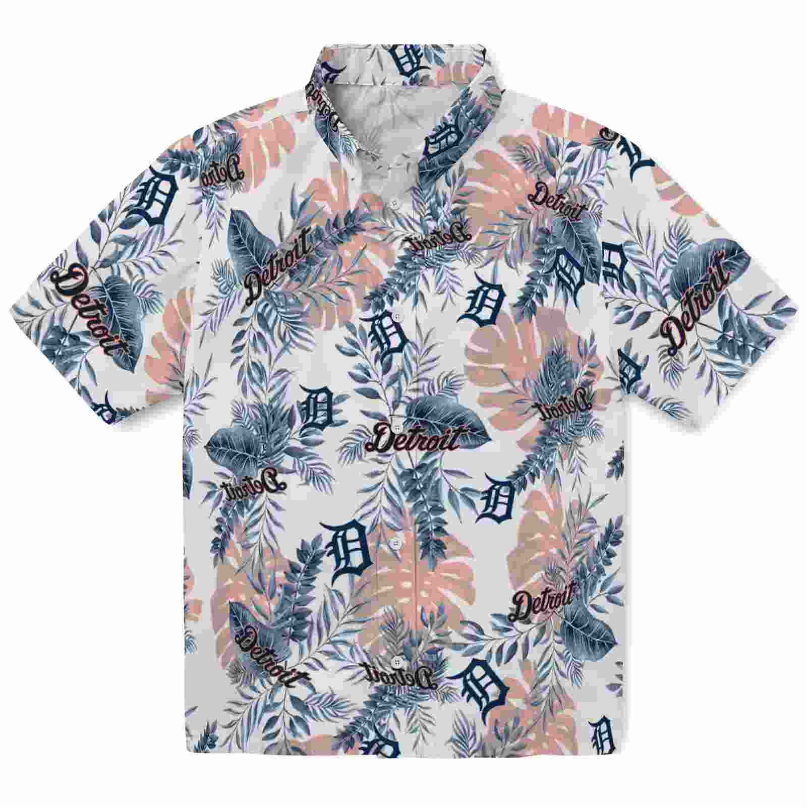 Detroit Tigers Tropical Leaves Navy White Hawaiian Shirt