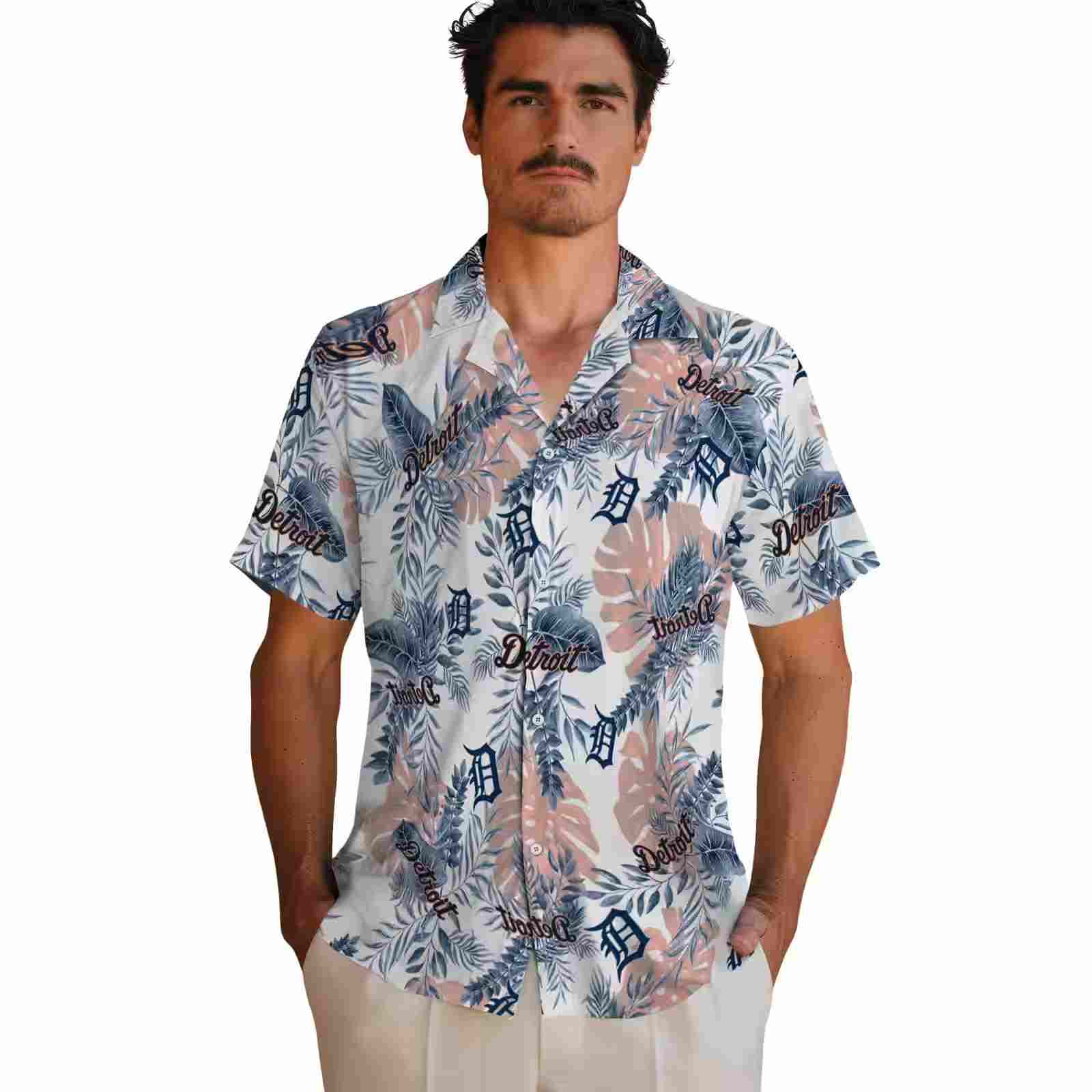 detroit tigers tropical leaves navy white hawaiian shirt fashion forward