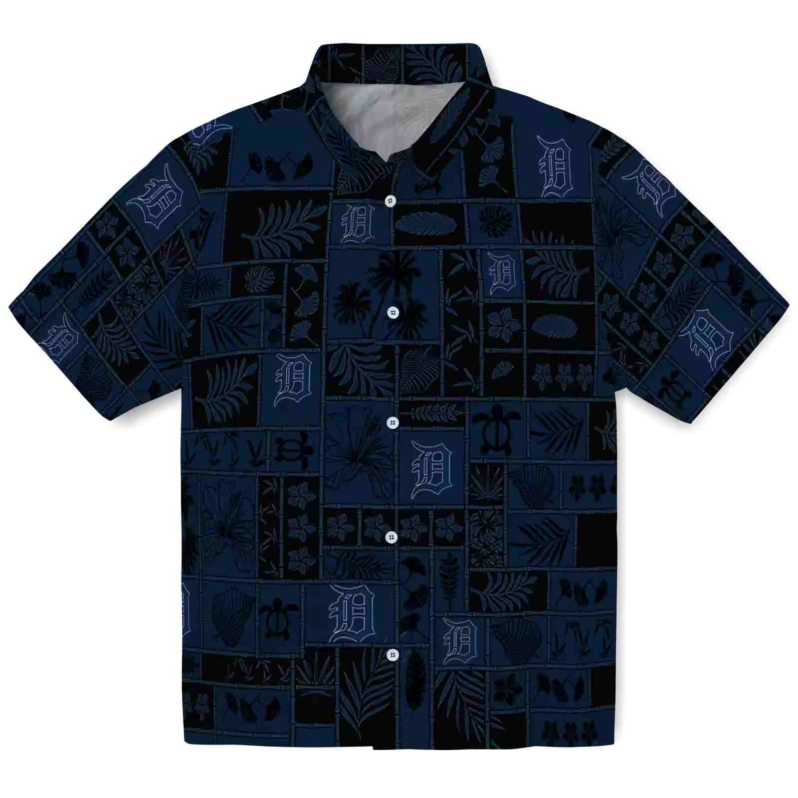 Detroit Tigers Tropical Patchwork Navy Black Hawaiian Shirt