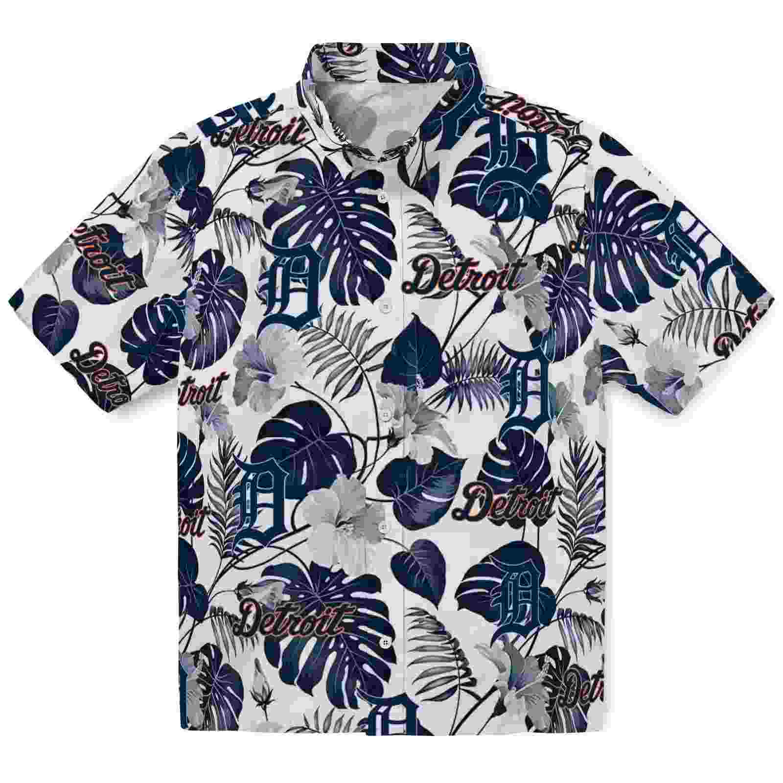 Detroit Tigers Tropical Plants Navy White Hawaiian Shirt