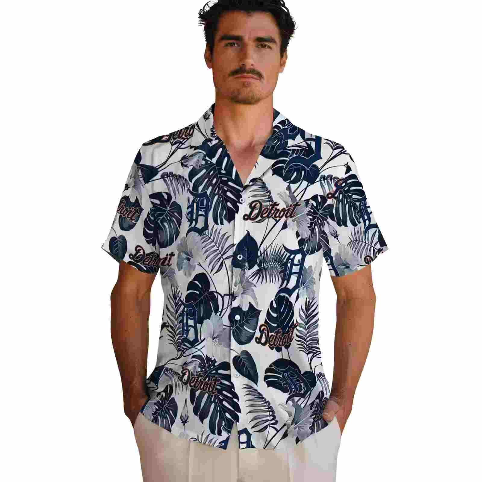 detroit tigers tropical plants navy white hawaiian shirt fashion forward