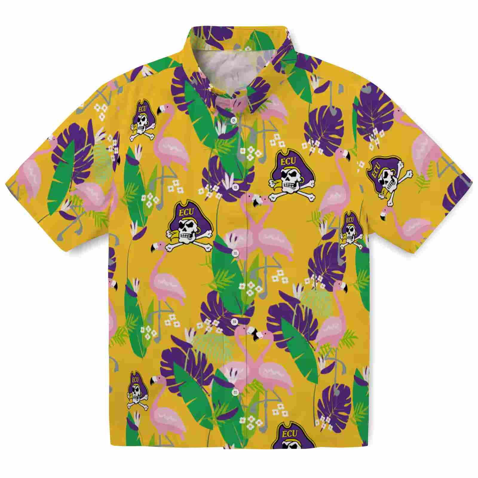 East Carolina Pirates Flamingo Foliage Purple Green Hawaiian Shirt