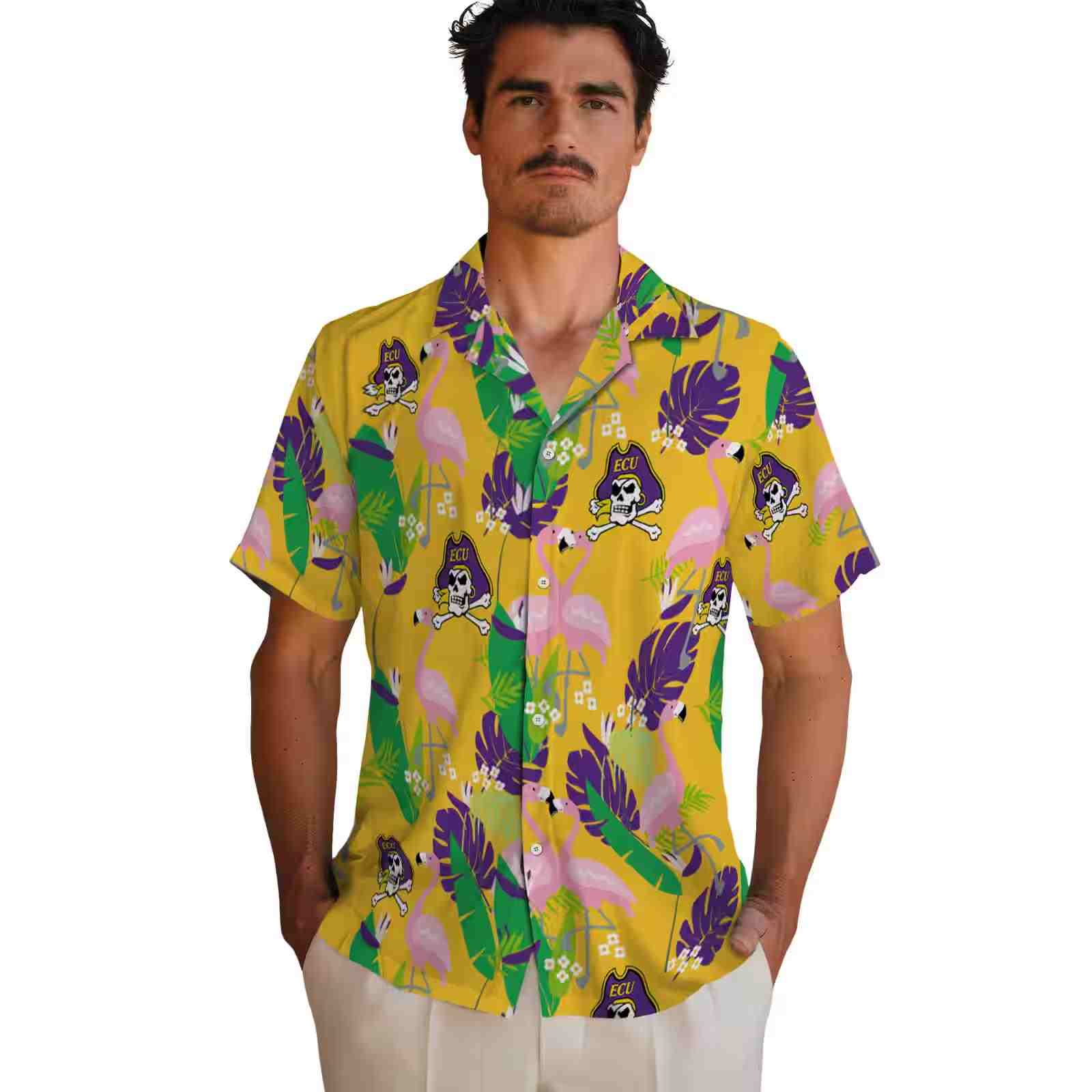 east carolina pirates flamingo foliage purple green hawaiian shirt fashion forward